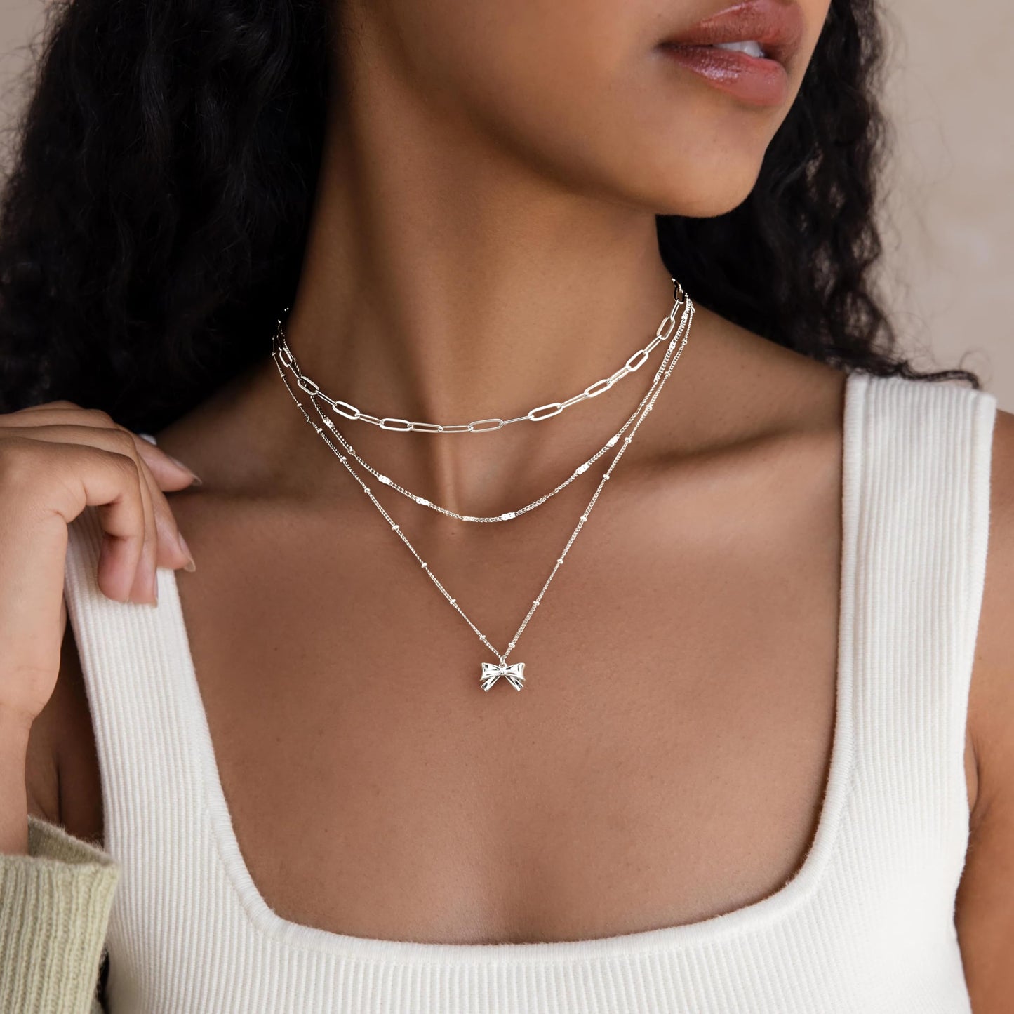 Layered Silver Bow Necklaces for Women, Silver Plated Dainty Stackable Choker Necklaces for Women, Trendy Layering Small Bow Pendant Paperclip Thin Chain Necklace Set Jewelry Gifts for Women