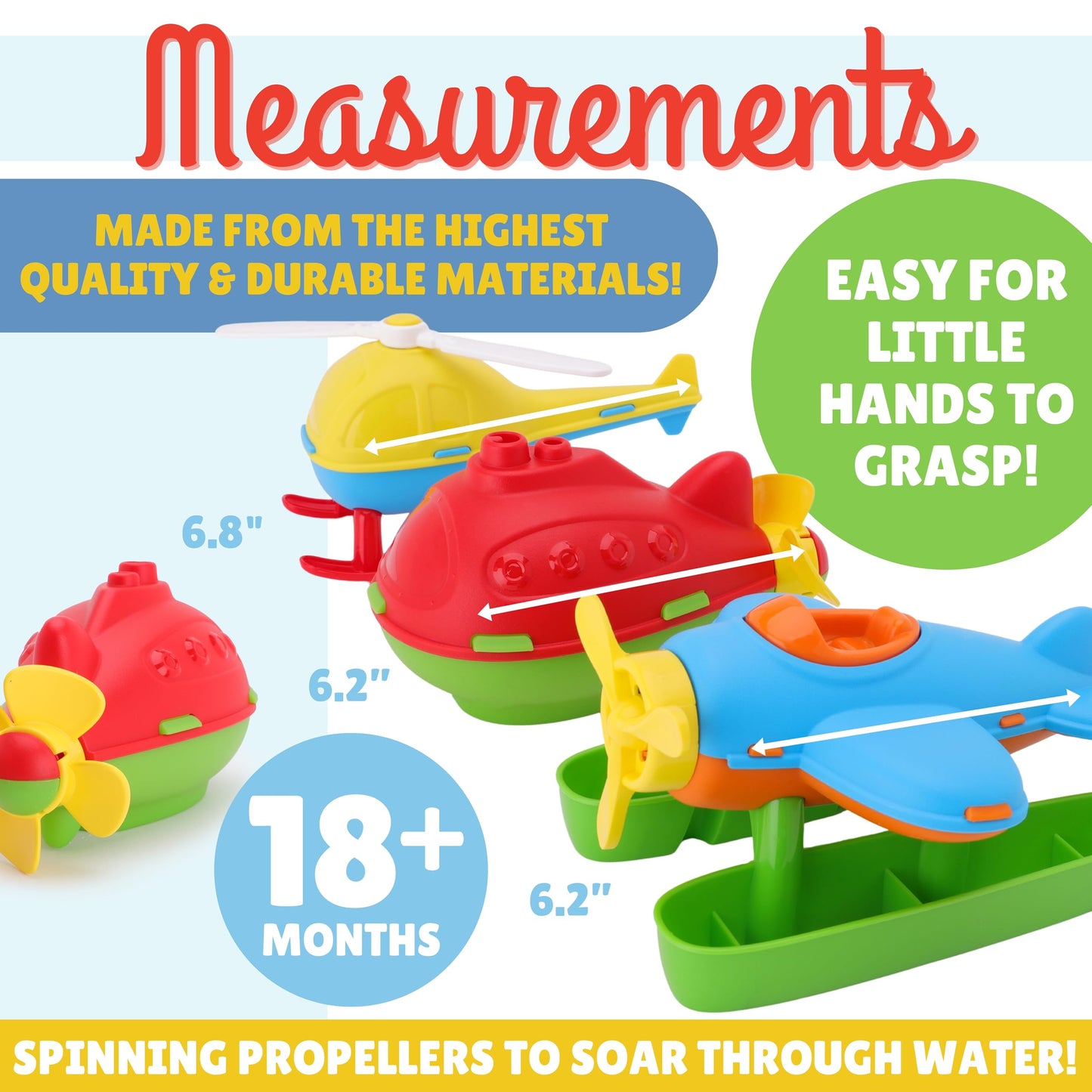 Toyland® Pack of 3 Floating Water, Bathtub, and Pool Toys for Kids 18 Months Plus - Helicopter, Submarine & Seaplane