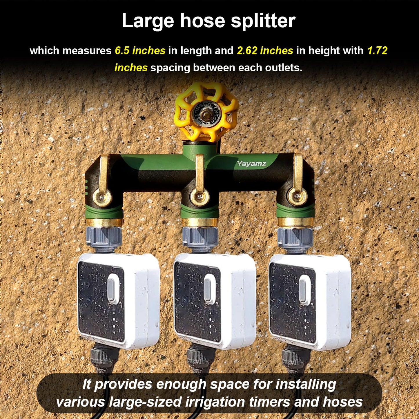 3 Way Garden Hose Splitter,High Flow Outdoor Faucet Splitter,Hose Splitter with Independent Shut Off Valves,Wide Spacing for Hose Timers,Sprinklers,Lawn,Yard and Garden Watering