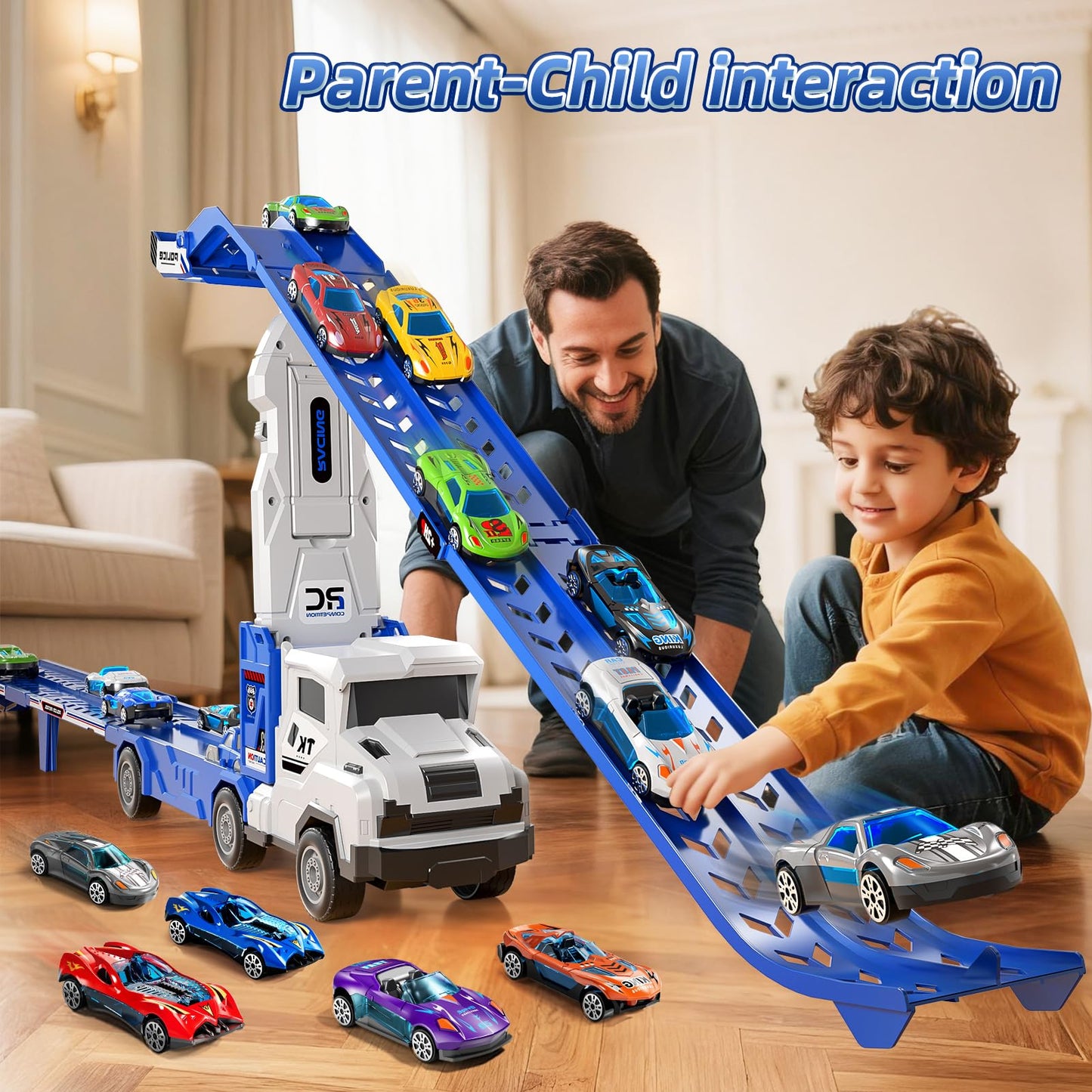 Transport Truck Toys for 3 4 5 6 7 Years Old Boys,Toys Cars Track Set Transporter Trucks with 12 Die-Cast Car Toys 2 Race catapults Dual-Track Model,Toddler Car Toy Set for Kids Boys Girls