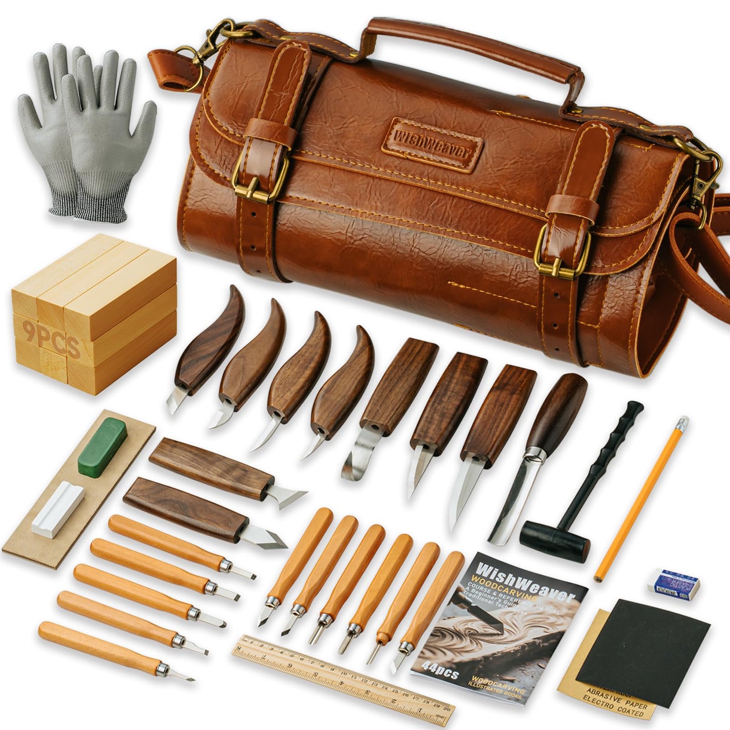 Wood Carving Kit, 44Pcs Wood Carving Tools Set with Thick Leather Storage Bag, Deluxe Wood Carving set, 10 Wood Carving Knives 11 Chisels 9 Blocks Whittling Kit for Beginners Enthusiasts Kids Gift DIY