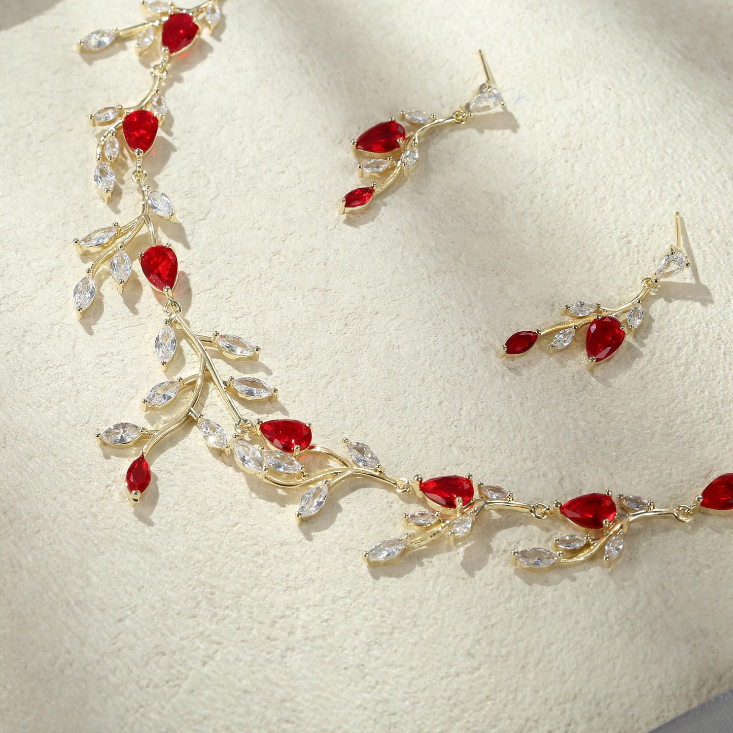 EVER FAITH Party Jewelry Set for Women, Sparkly Cubic Zirconia Pear-Shaped Birthstone Leaf Necklace Earrings Sets for Prom Red Gold-Plated-Brass