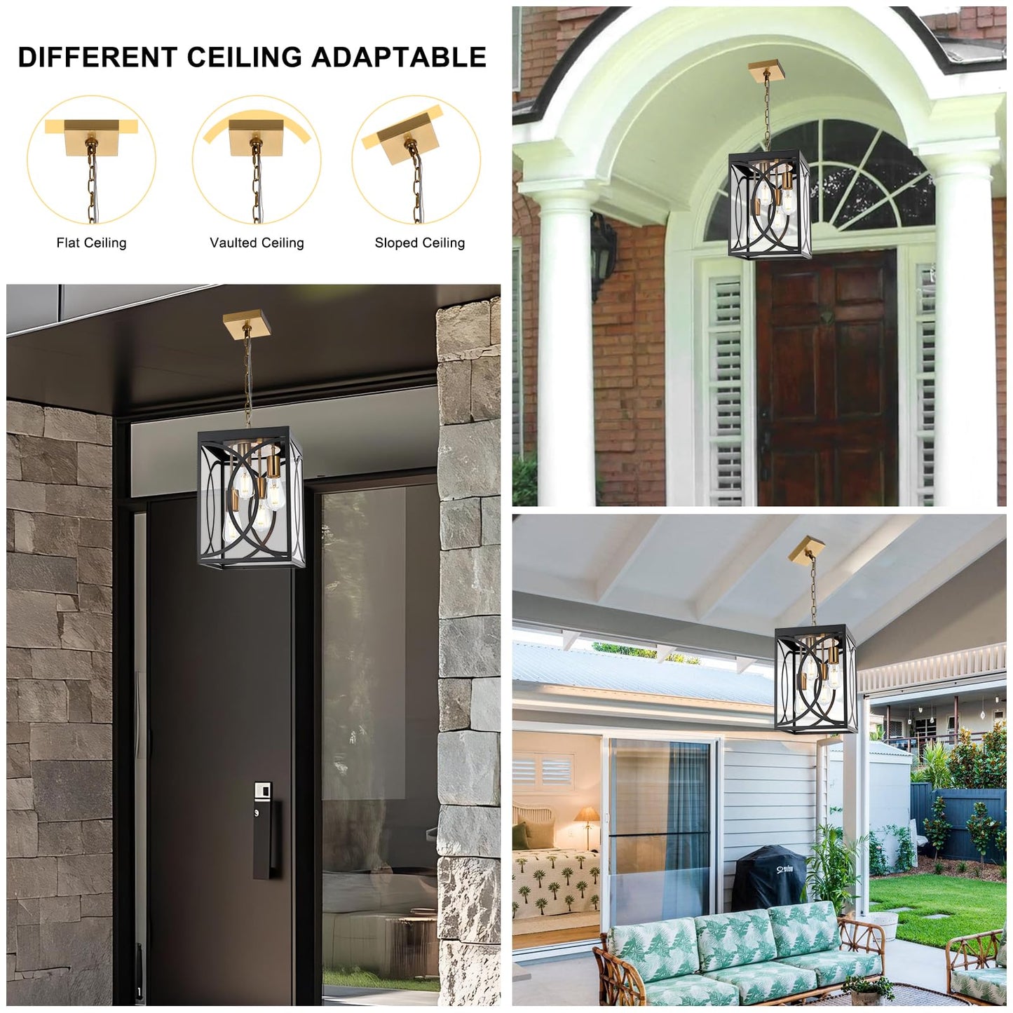 WINSHEN 4-Lights Large Outdoor Pendant Light Fixture, E26 Bulb Base Porch Hanging Lighting in Black & Brushed Brass, Modern Exterior Lantern Chandelier Ceiling Mount for Patio Front Door