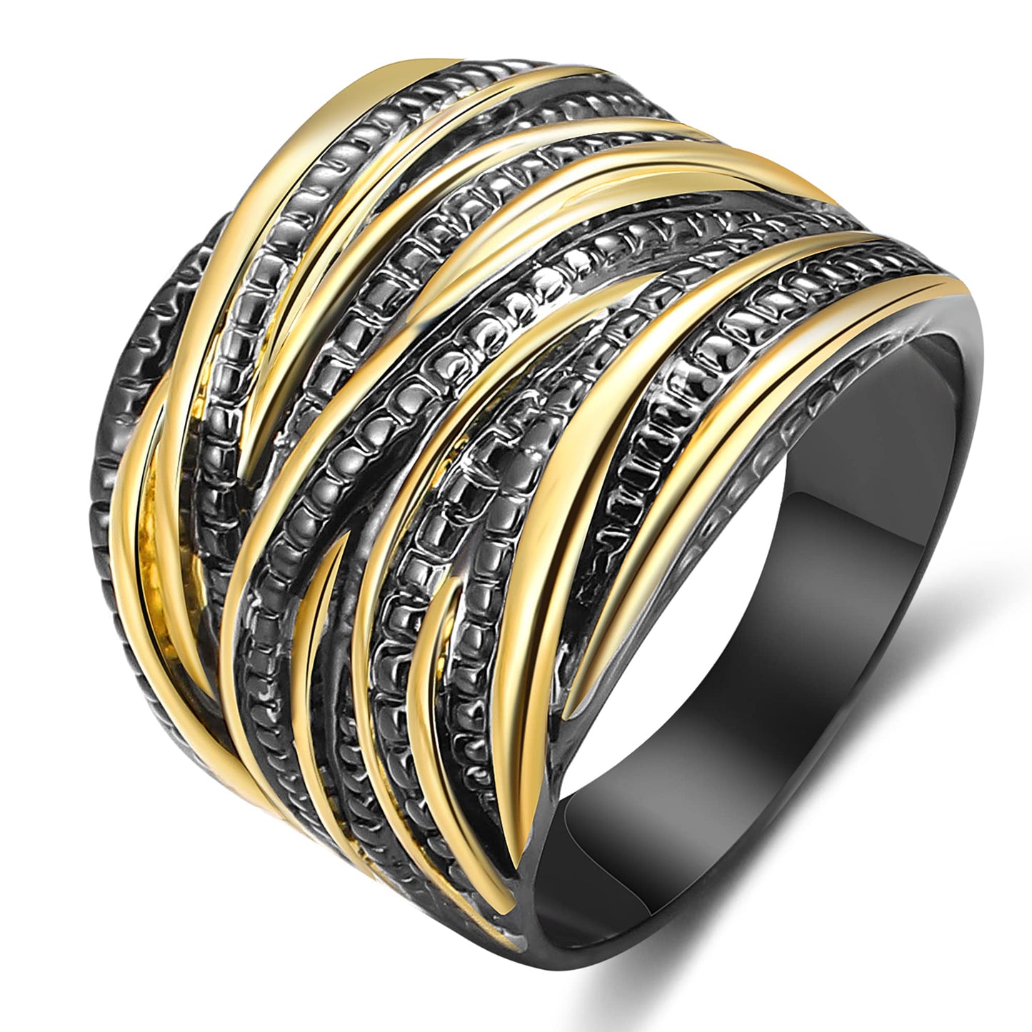 Mytys 2 Tone Intertwined Crossover Statement Ring Fashion Chunky Band Rings for Women Black Gold Silver Rose Gold Plated Wide Index Finger Rings Costume Jewelry (Gold and black, 9)