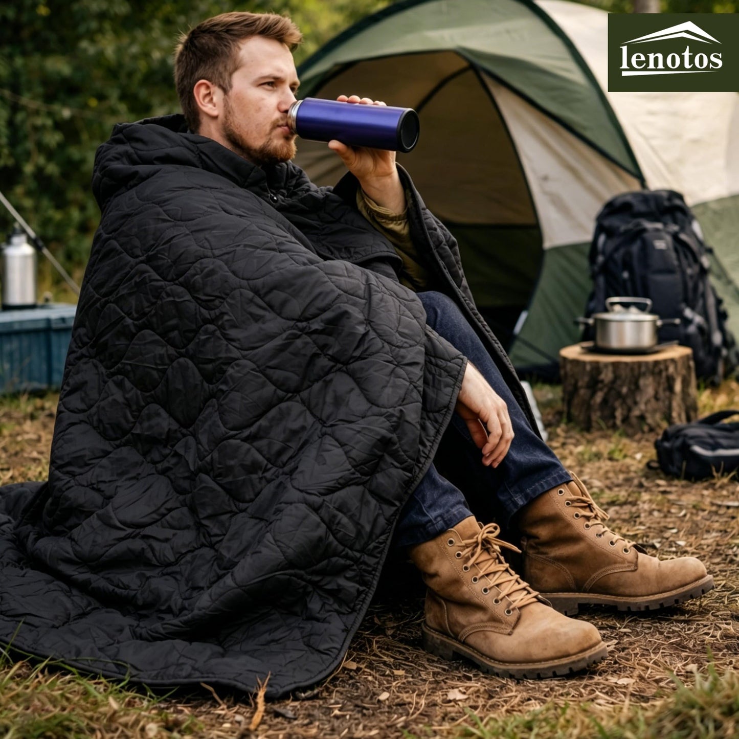 Lenotos Woobie Blanket, Thermal Insulated Military Poncho Liner, Water-Resistant, Portable, Insulation, for Hiking, Survival with Compression Carry Bag (Black)