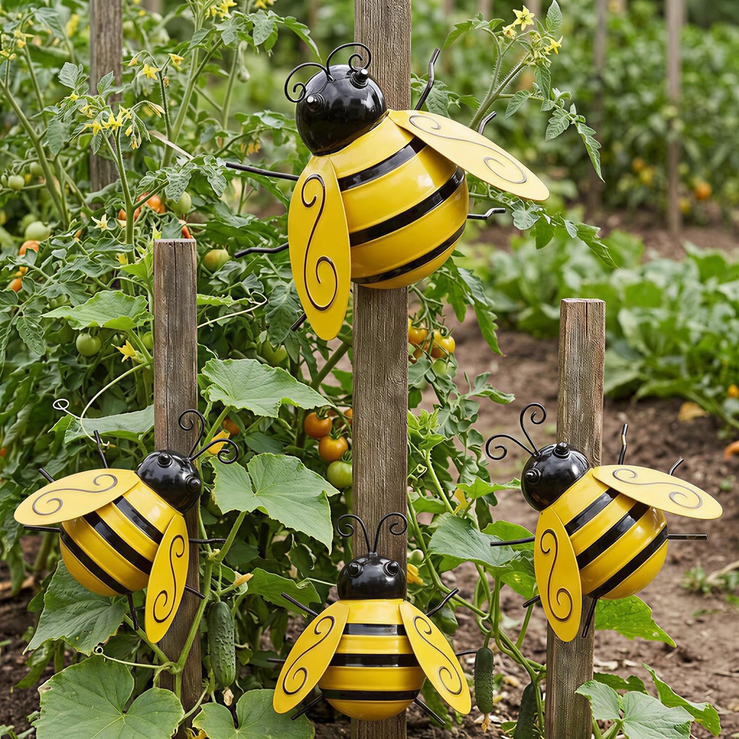 Yungeln Metal Wall Art, 4PCS Metal Bumble Bee Wall Decor, 3D Iron Bee Art Sculpture Hanging Wall Decorations for Outdoor Home Garden