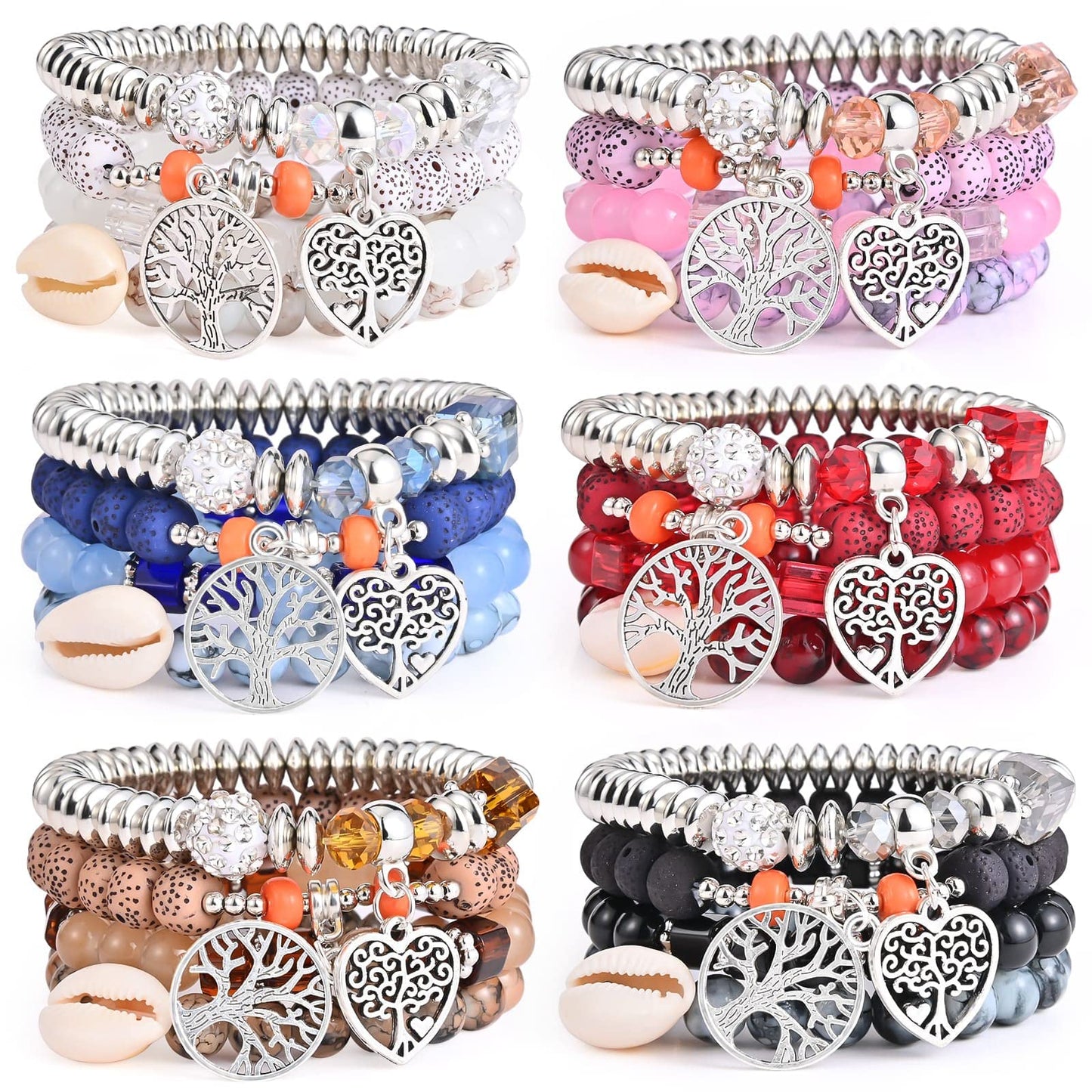 Bohemian Bracelet Sets for Women - 6 Sets Stackable Stretch Bracelets Multi-color Boho Jewelry for Women Hippie Bracelets Dainty Jewelry (Tree of Life Bead Bracelets)