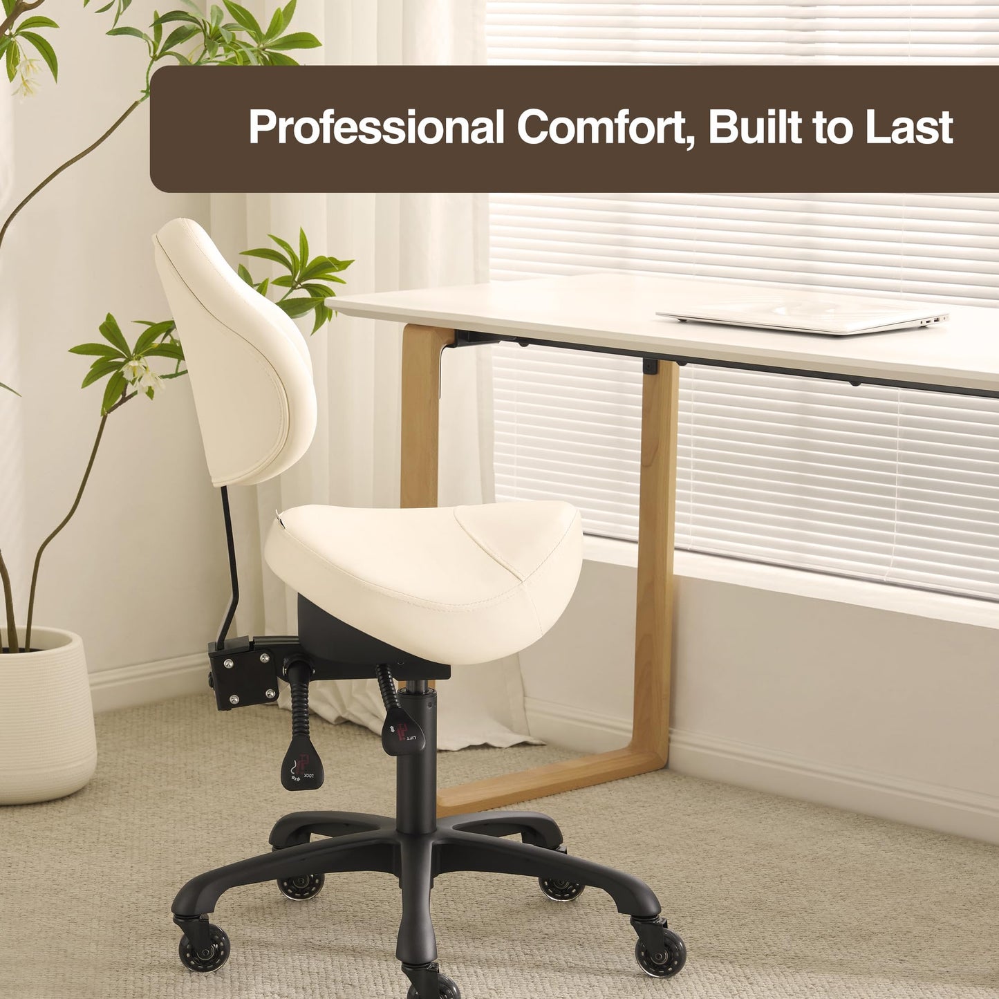 DR.LOMILOMI Pneumatic Swivel Rolling Saddle Chair with Wheels and Ergonomic Back Support for Hair Stylist, Dental Hygienist, Hygienic Clinic, Spa, Massage, Home, Office - 510 KOA (Vanilla, Standard)
