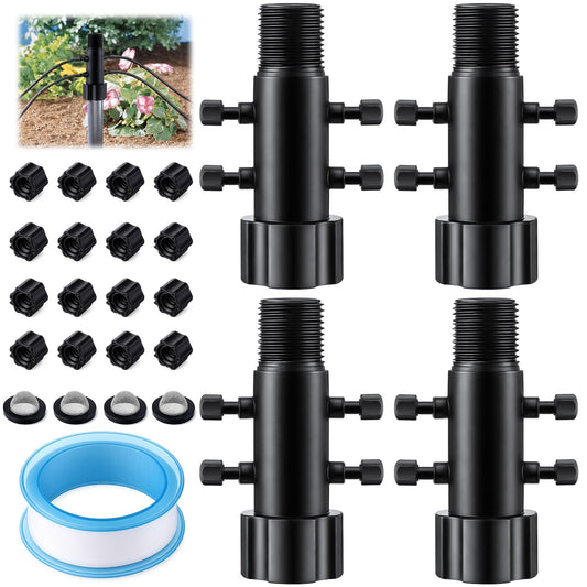 Gulfmew 4 Pack 4 Port Drip Irrigation Manifold with Filter, Drip Irrigation Riser Adapter, Watering Manifold for Gardening Systems, 1/2" Female Pipe Thread x 1/2" Male Pipe Thread x 1/4" Barbed End