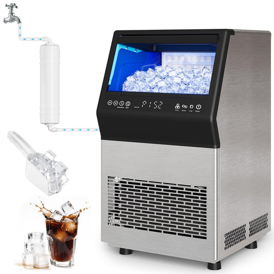 Commercial Ice Maker Machine, 110Lbs/24H Stainless Steel Undercounter Freestanding Ice Maker with 12Lbs Storage Capacity, Self-Cleaning, LED Digital Display, 45 Ice Cubes 8Mins, Home/Bar/Restaurant