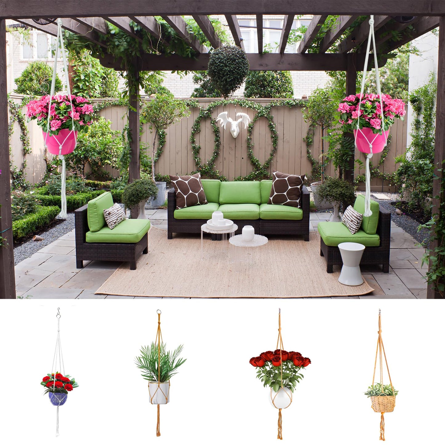 Macrame Plant Hangers Planter Flower Pots Holder 3 Pack Basket Stand Tassels with 6 Hooks Kit Cotton Rope for Decorative Indoor Outdoor Patio Garden Boho Home Décor (POTS NOT Included) (BLACK)