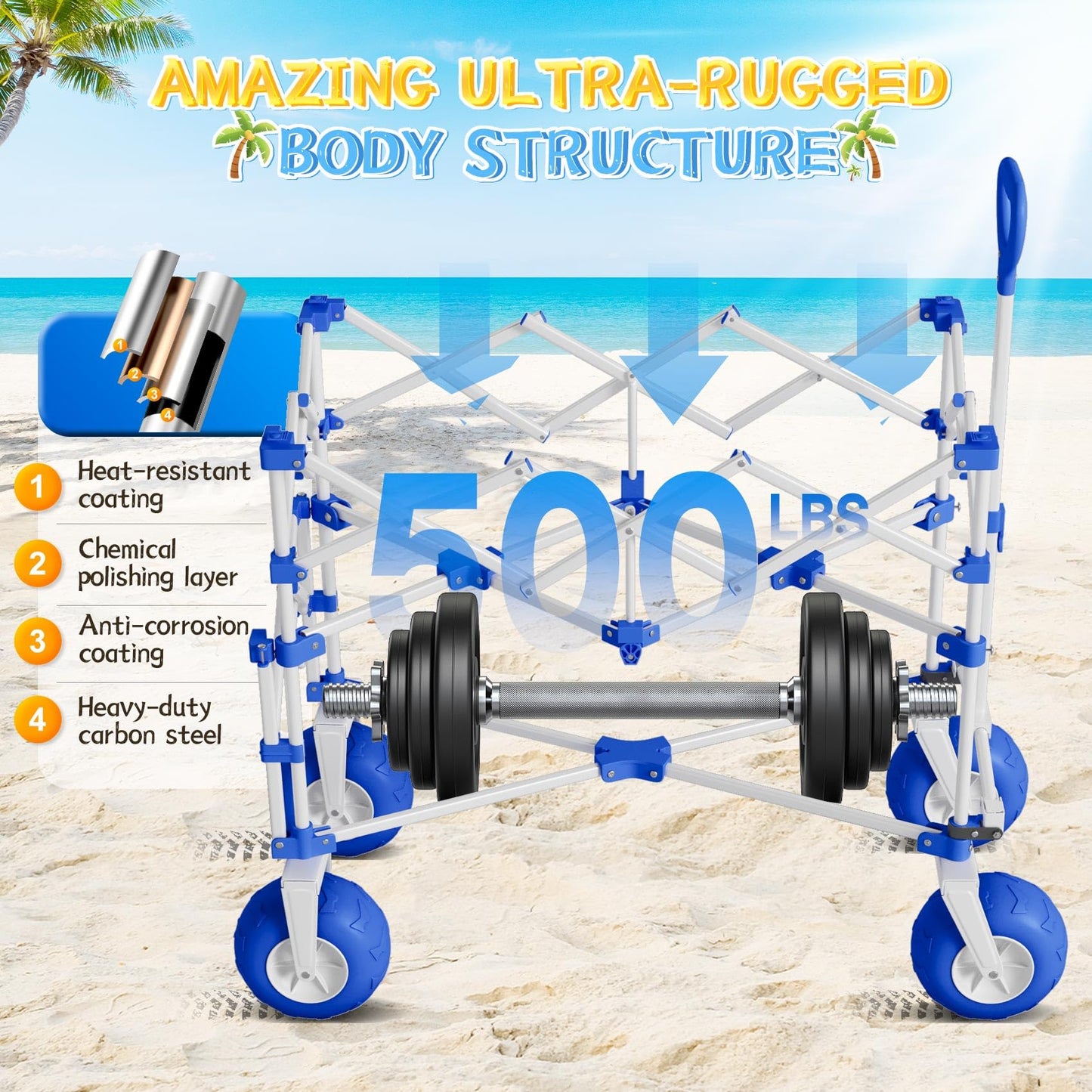 𝐔𝐩𝐠𝐫𝐚𝐝𝐞 Beach Wagon with Big Wheels for Sand, Double-Decker, 9" PVC All-Terrain Wheel, 500 lb Load Capacity, Oversized 400L, for Beach, Camping, Garden & Outdoor Sports (Blue)