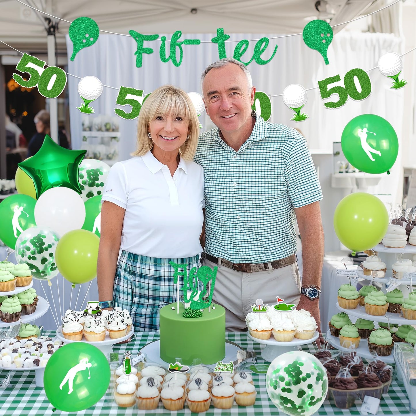 Golf 50th Birthday Party Decorations Fiftee Golf Banner Fif Tee Cake Topper Golf Theme Cupcake Toppers Garland Pom Poms for Women Men Sports 50th Birthday Party Supplies