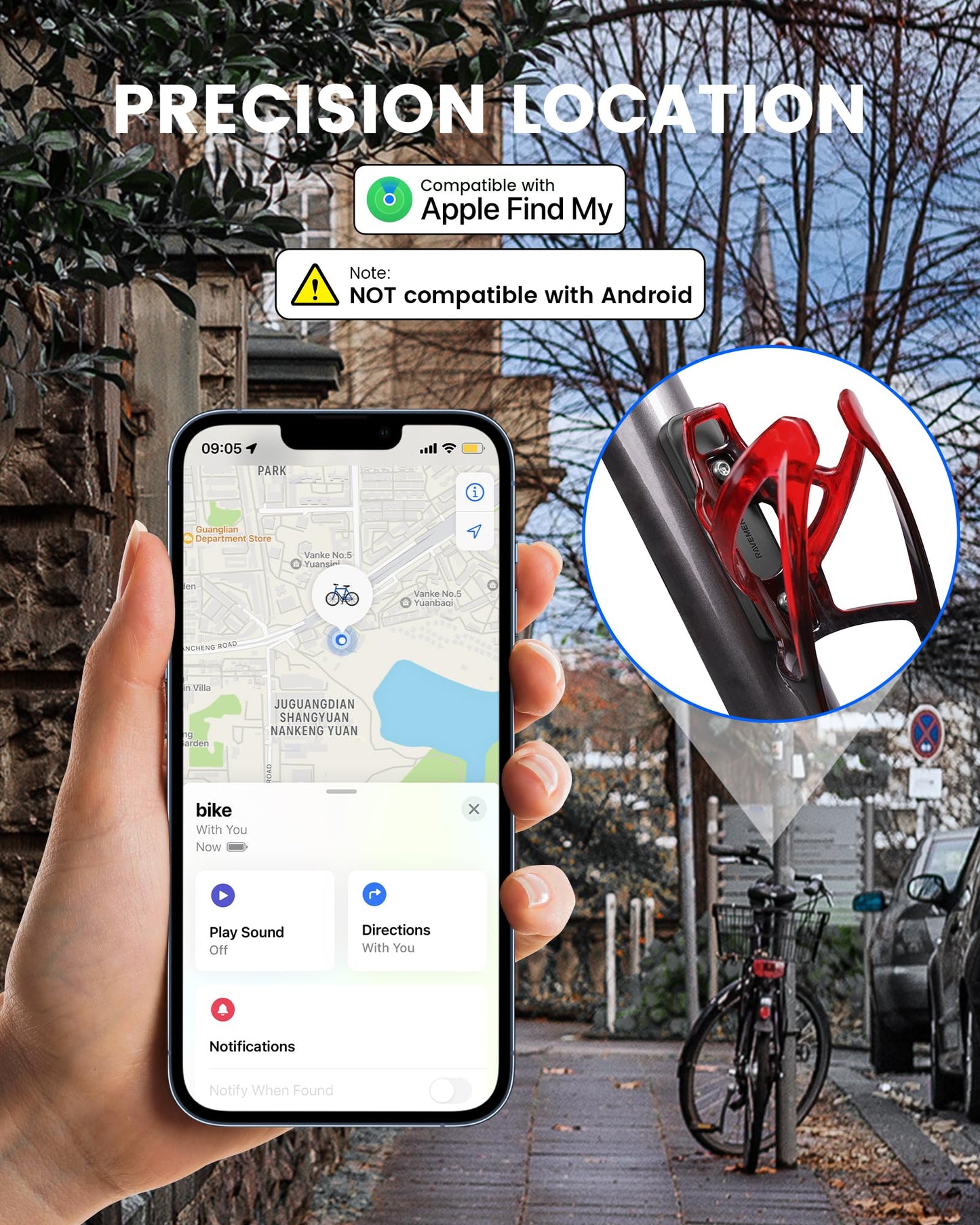 Ravemen Bike Tracker Compatible with Apple Find My, Rechargeable Anti-Theft GPS Tracker for Bikes, 8-Month Power Life Bicycle Finder Location Accessories Hidden Under Bottle Holder (iOS Only)