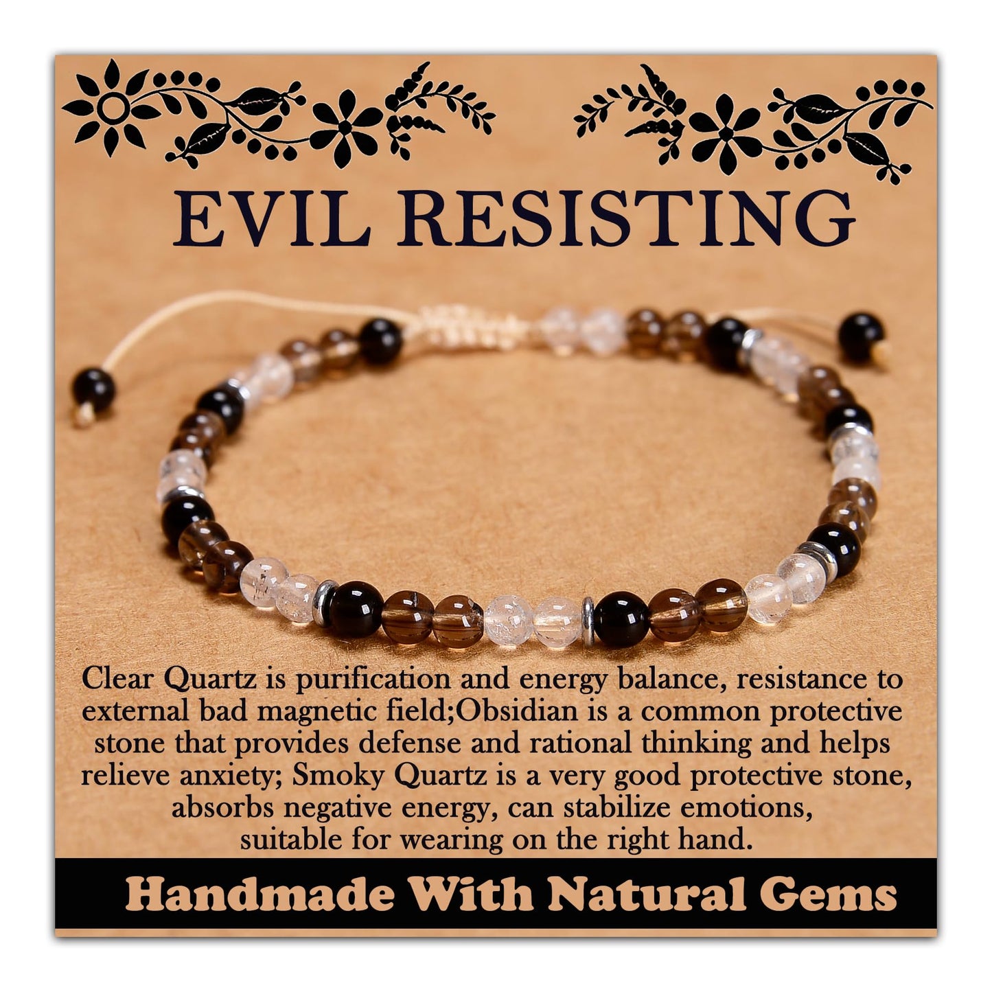CHCCOYE 4mm Handmade Adjustable Natural Gemstone Crystal Bracelet Healing Power Energy Inspirational Gifts with Card for Unisex (Negative Resistance)