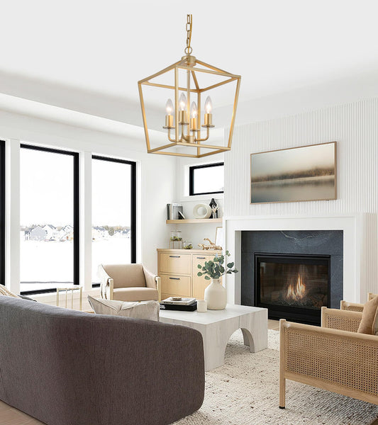 Industrial 4 Lights Chandelier, Gold Lantern Ceiling Light Fixtures with Rustic Metal Cage Adjustable Height Farmhouse Geometric Hanging Light for Kitchen Island, Dining Room, Entryway, UL Listed