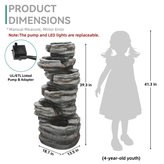 Ultym Extra-Large 6-Tier Outdoor Water Fountain with LED Lights, Cascading Rock Waterfall for Garden Patio Porch, Weather-Resistant Polyresin Water Feature for Tranquil Oasis