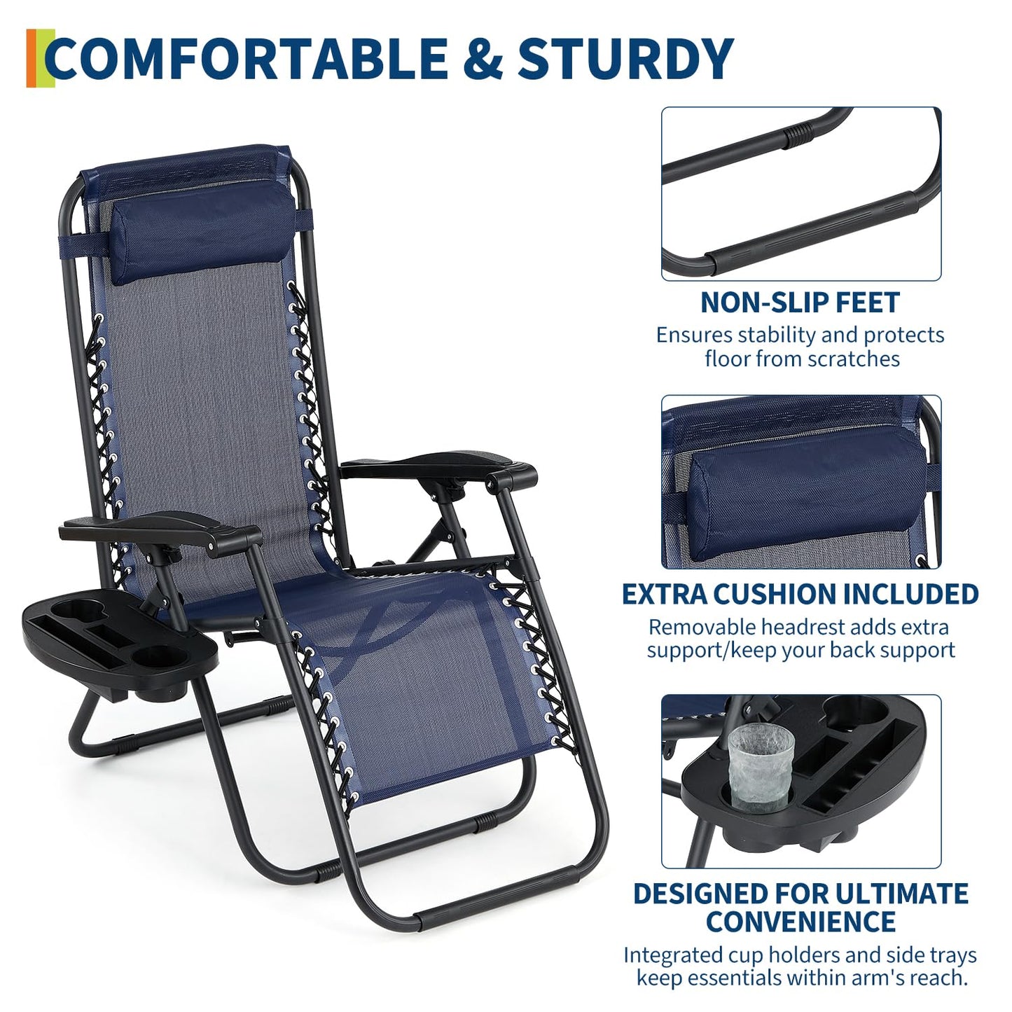 Garvee Outdoor Reclining Lounge Chair Set of 2 with Cup Holder & Padded Headrest, Adjustable Patio Folding Chairs, Heavy Duty Portable Camping Lawn Chairs for Pool, Backyard, Beach, Deck Blue