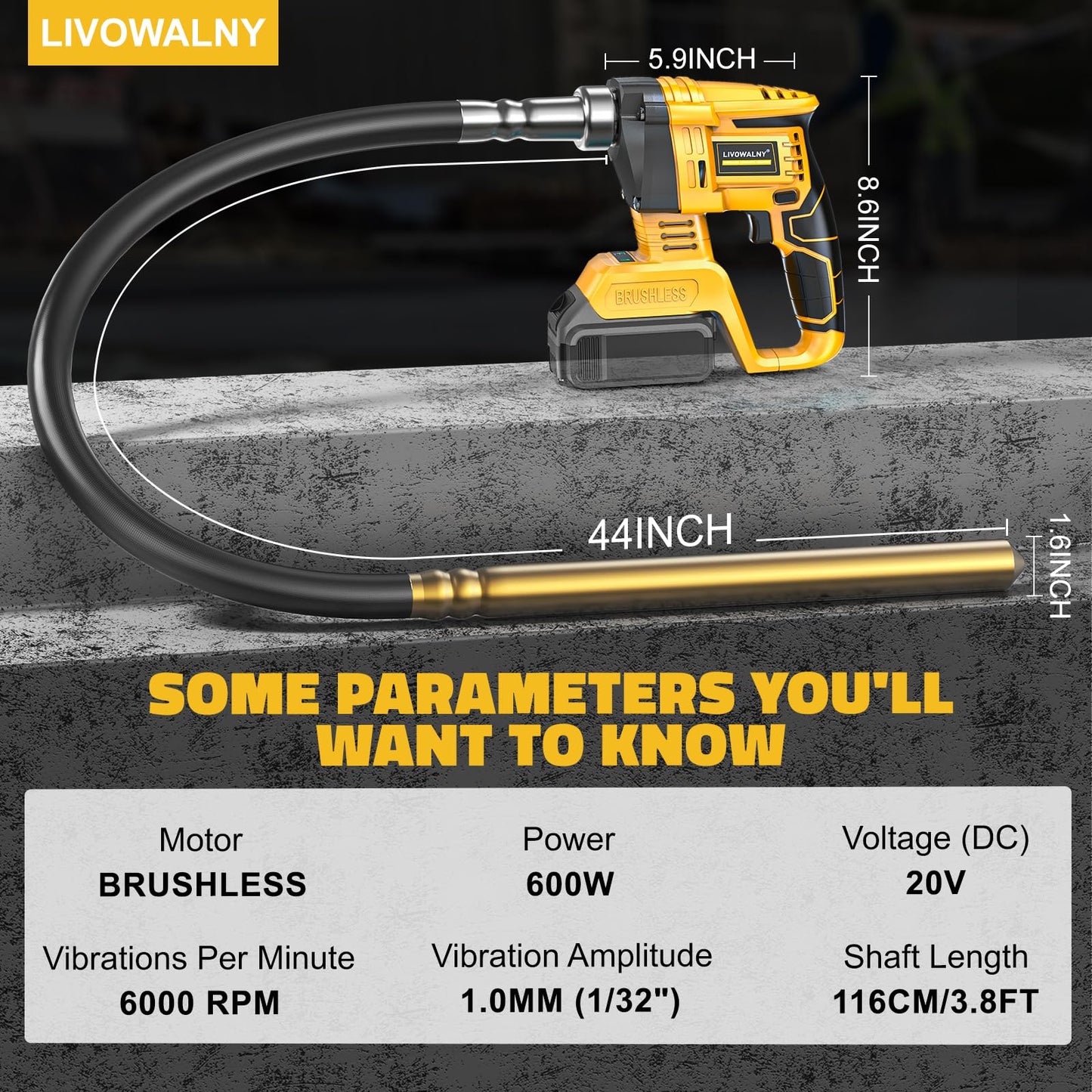 LIVOWALNY Handheld Concrete Vibrating Tool Compatible with Dewalt 20V Battery, 600W Cordless Electric Concrete Vibrator with 3.8ft Shaft Rod,6000RPM Portable Pencil Cement Vibrarator Remove Air Bubble