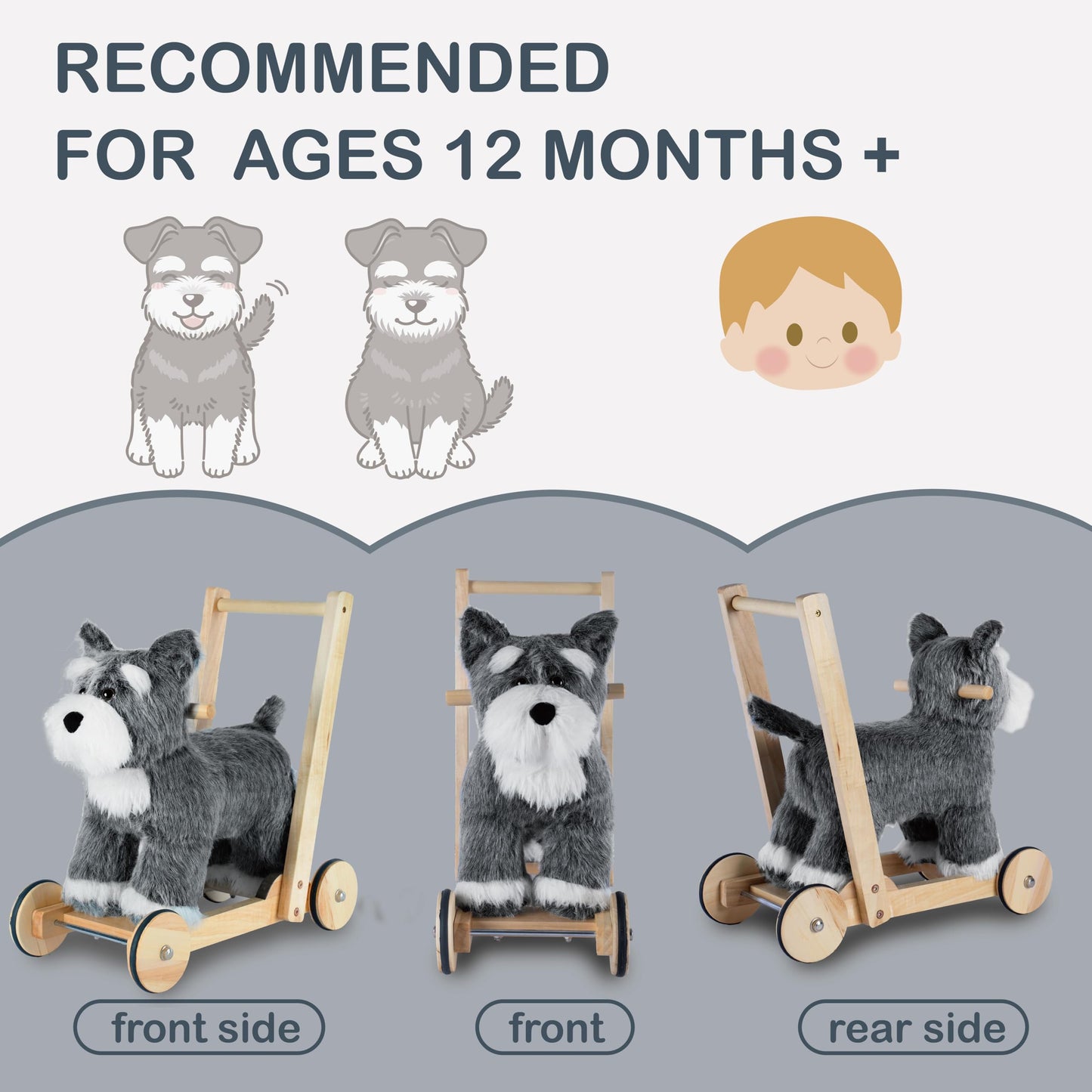 Rock My Baby Wooden Baby Walker, 2-in-1 Baby Push Walker & Ride On Toy for Toddlers 12M+, Learning to Walk Toy with Sweet Music, Soft Cuddly Dog Toy for Boys Girls (Schnauzer Dog) CPC Certified