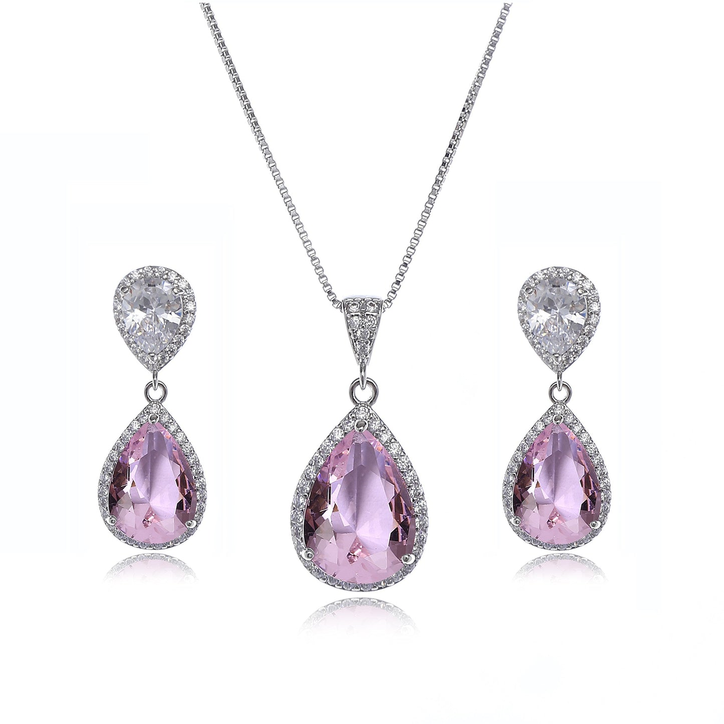 AMYJANE Wedding Jewelry Set for Bridesmaids - Women's Elegant Sterling Silver Pink Teardrop Crystal Cubic Zirconia Rhinestone CZ Necklace Set Bridal Party Prom Jewelry Sets