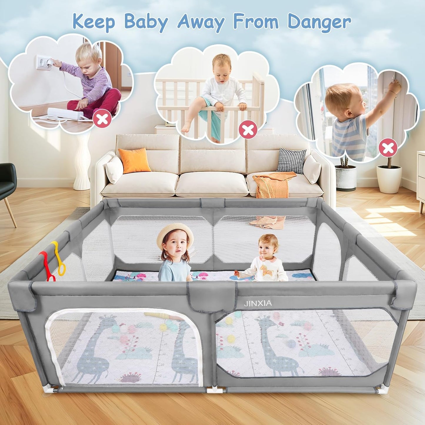 JINXIA Baby Playpen with Mat 79"*70", Large Play Pen for Babies and Toddlers with Soft Breathable Mesh, Climb-Proof Anti-Fall Baby Playpen, Sturdy Safety Play Yard for Indoor Outdoor Fun, Grey