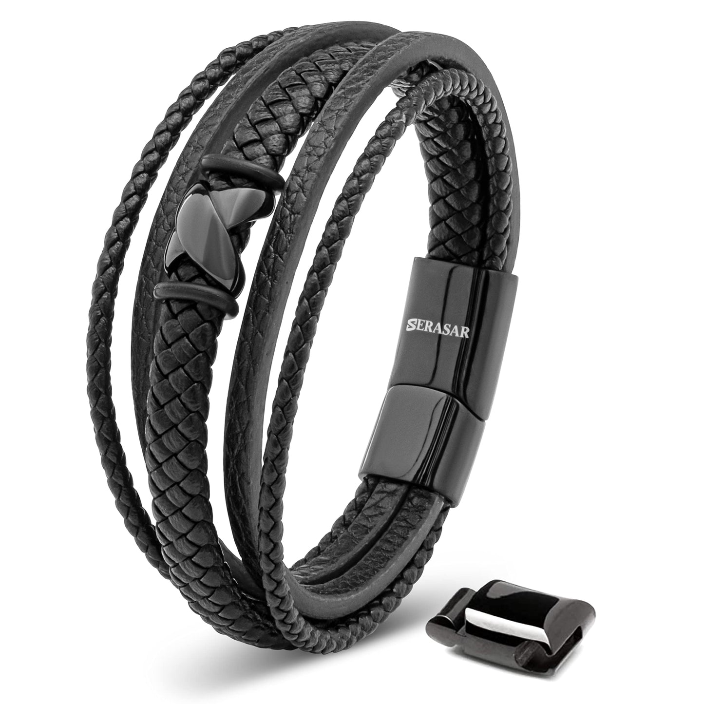 SERASAR Black Bracelet Leather Men 17cm Gift Box Genuine Cowhide Braided Adjust Able Magnetic Clasp Multi Layer Wrap Rope Man Mans Male Mens Bracelets Band Jewelry Magnet Accessories