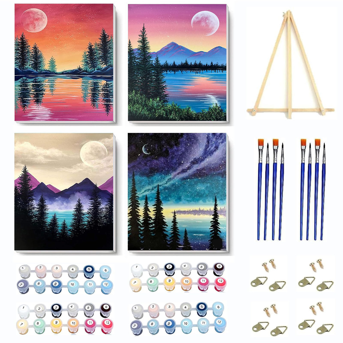 VIGEGU 4 Pack Paint by Numbers Kit for Adults Framed Canvas - with Wooden Easel,Adults' Paint-by-Number Kits Moon Lake Tree Mountain DIY Acrylic Landscape Oil Painting Arts Crafts 7.8x11.8inch