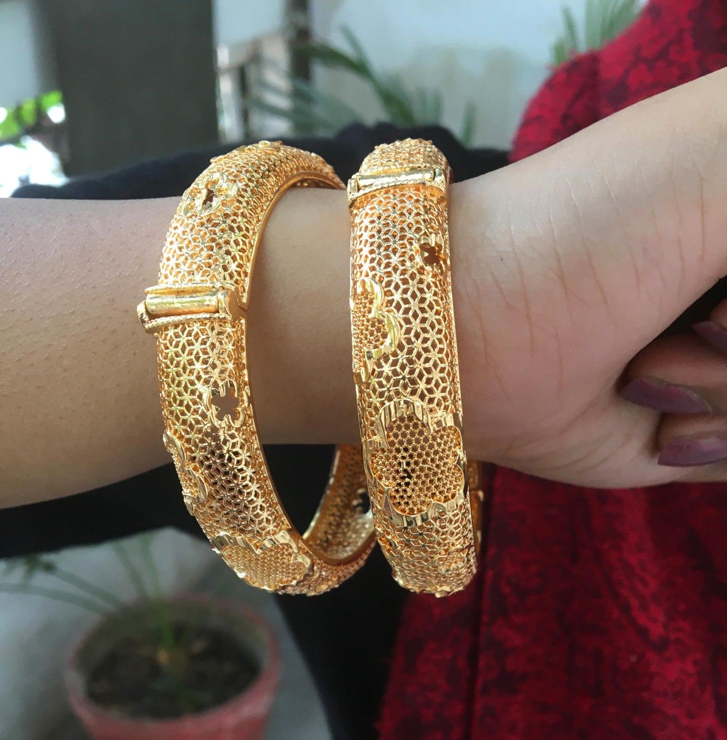 Touchstone NEW Indian Bollywood Handcrafted Exclusive Mesh Floral Designer Jewelry Thick Openable Kada Bracelets Bangle. Set of 2. in Antique Gold Tone for Women.