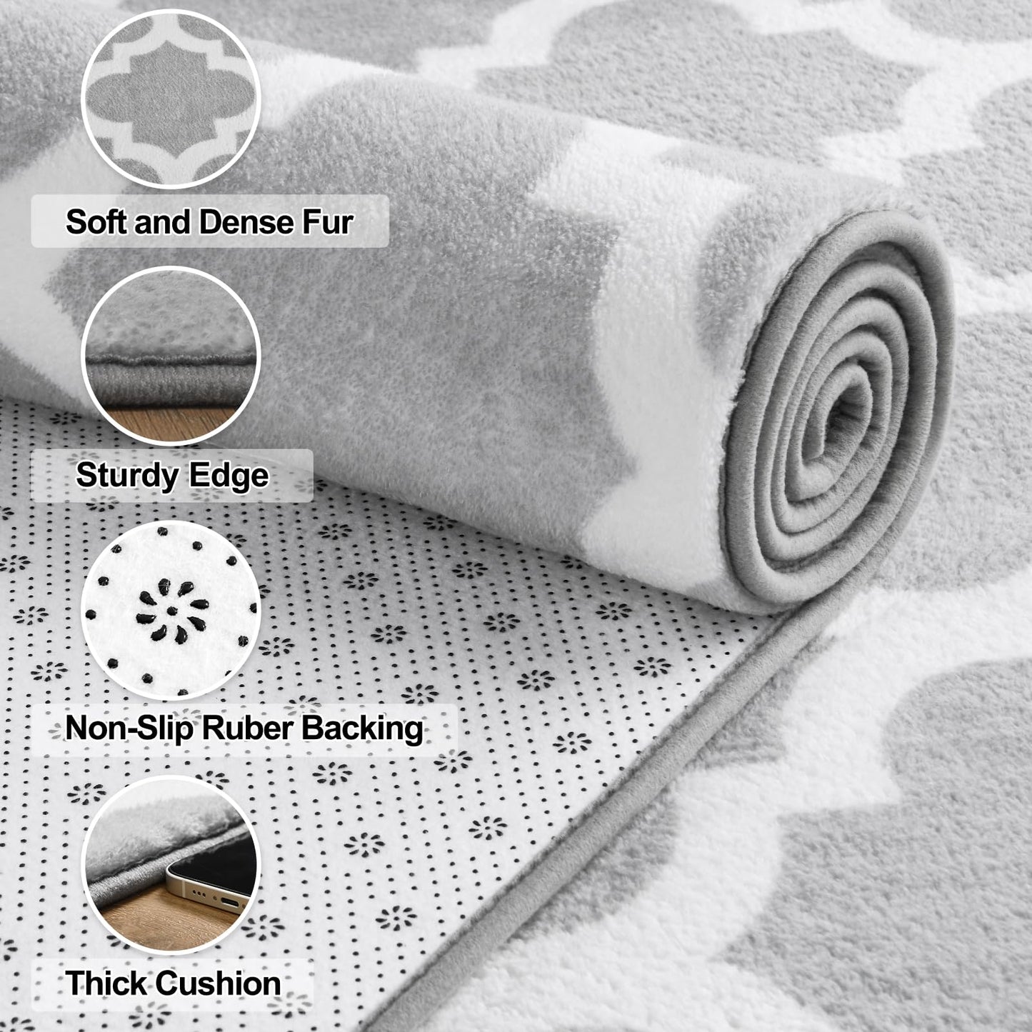 Jelymark Shag Moroccan Area Rug for Living Room, 8x10 Feet Modern Geometric Rug, Fluffy Distressed Faux Wool Floor Carpet, Memory Foam Rug for Bedroom Nursery Kids Room Home Decor, Light Grey/White