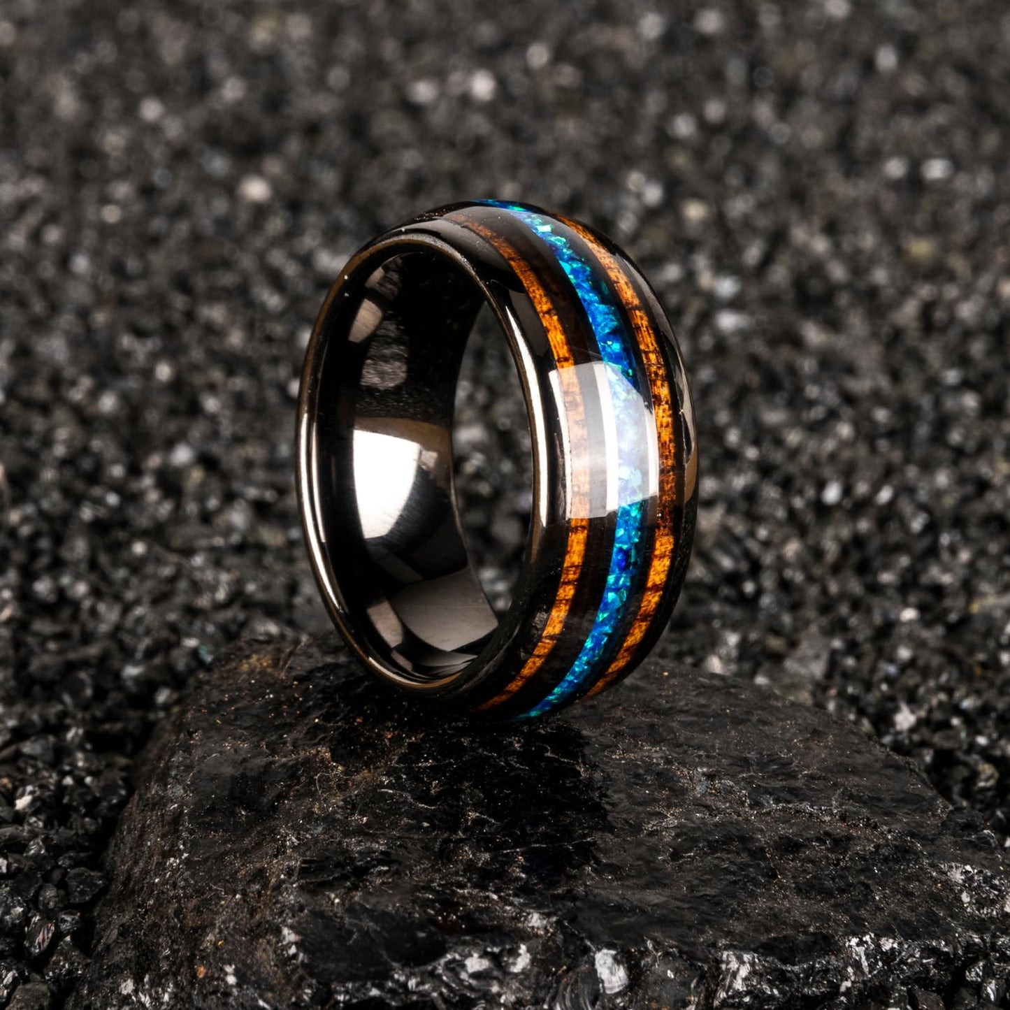 JEWPER 8mm Men Womens Wedding Band Tungsten Rings dark gun black Fashion Promise Carbide Inlaid blue opal koa Matte Finish Edge Comfort Fit Size(7)