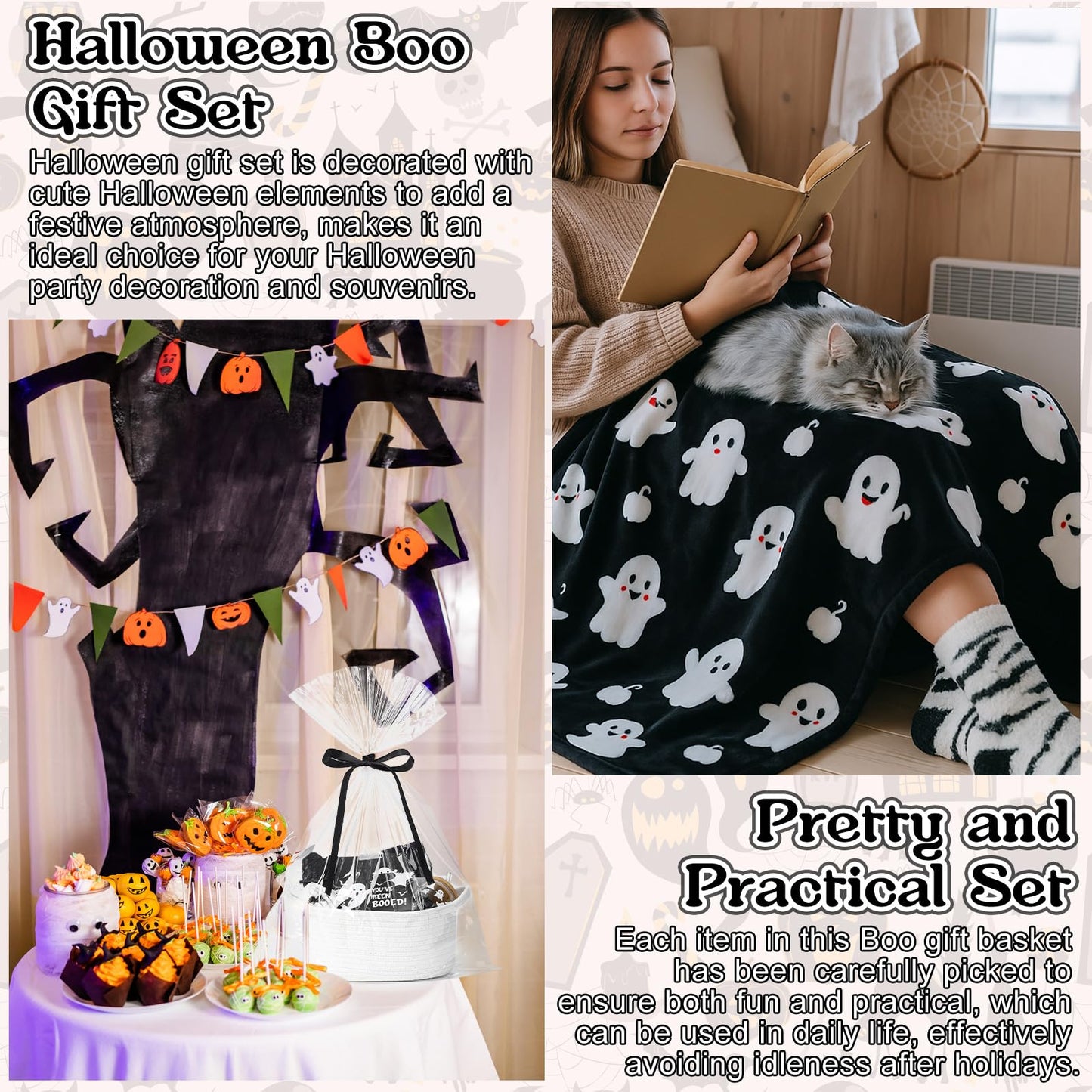 Mimorou 7 Pieces Black Boo Basket Gifts Halloween Gifts Set Ghosts Throw Blanket 16oz Cute Tumbler Gift Basket Spooky Keychain Socks Boo Straws Thanks Card for Halloween Party Trick or Treat
