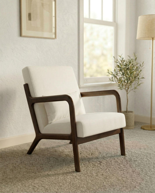 Garvee Mid-Century Chenille Accent Chair, Cozy Reading Chair, Modern Lounge Armchair with Lumbar Pillow, Solid Wood Frame, for Living Room, Bedroom, Office, Beige