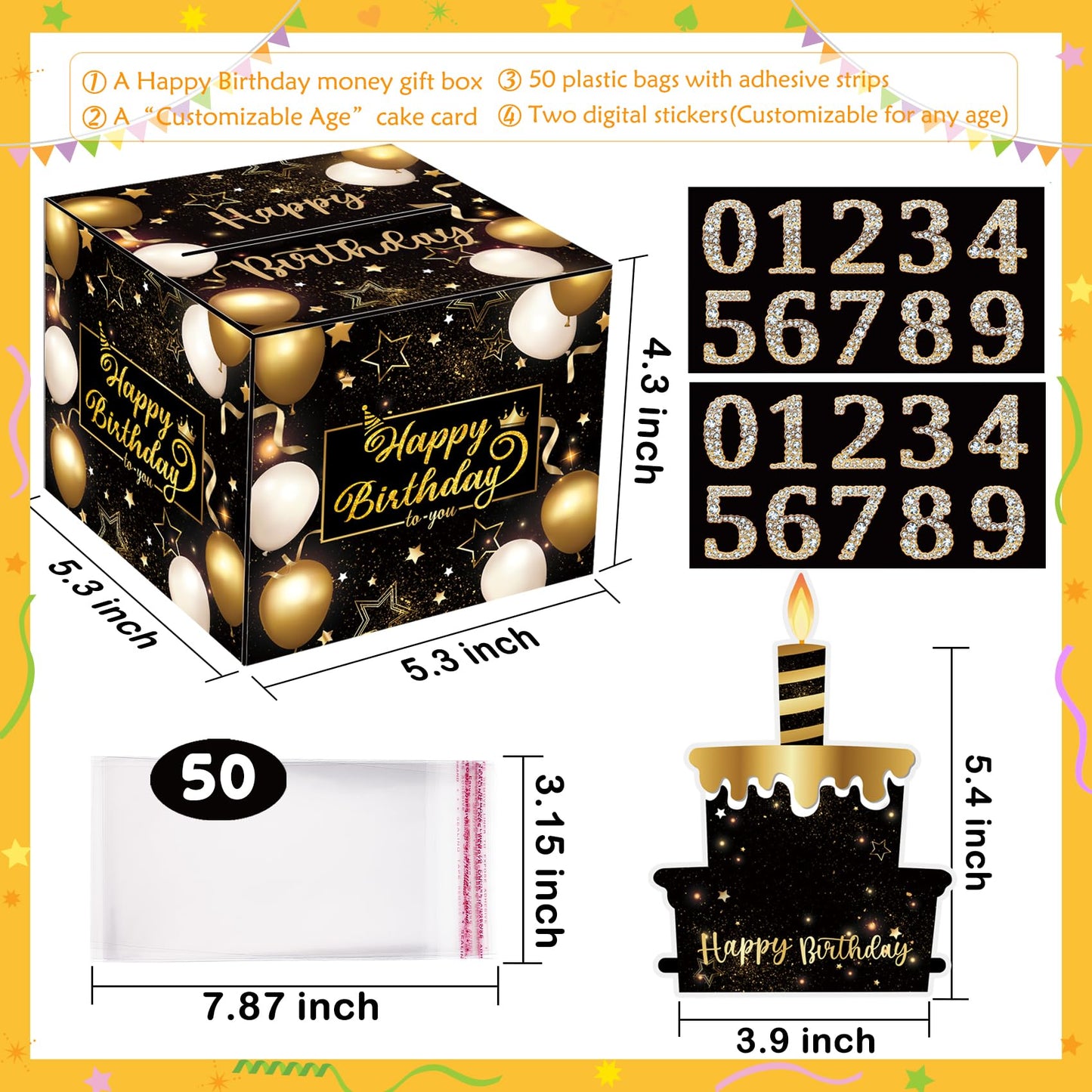 Meiidoshine Birthday Money Gift Box with DIY Stickers for Any Age, Surprise Money Boxes for Cash Gift with Pull Out Happy Birthday Day Card and 50Pcs Transparent Bags