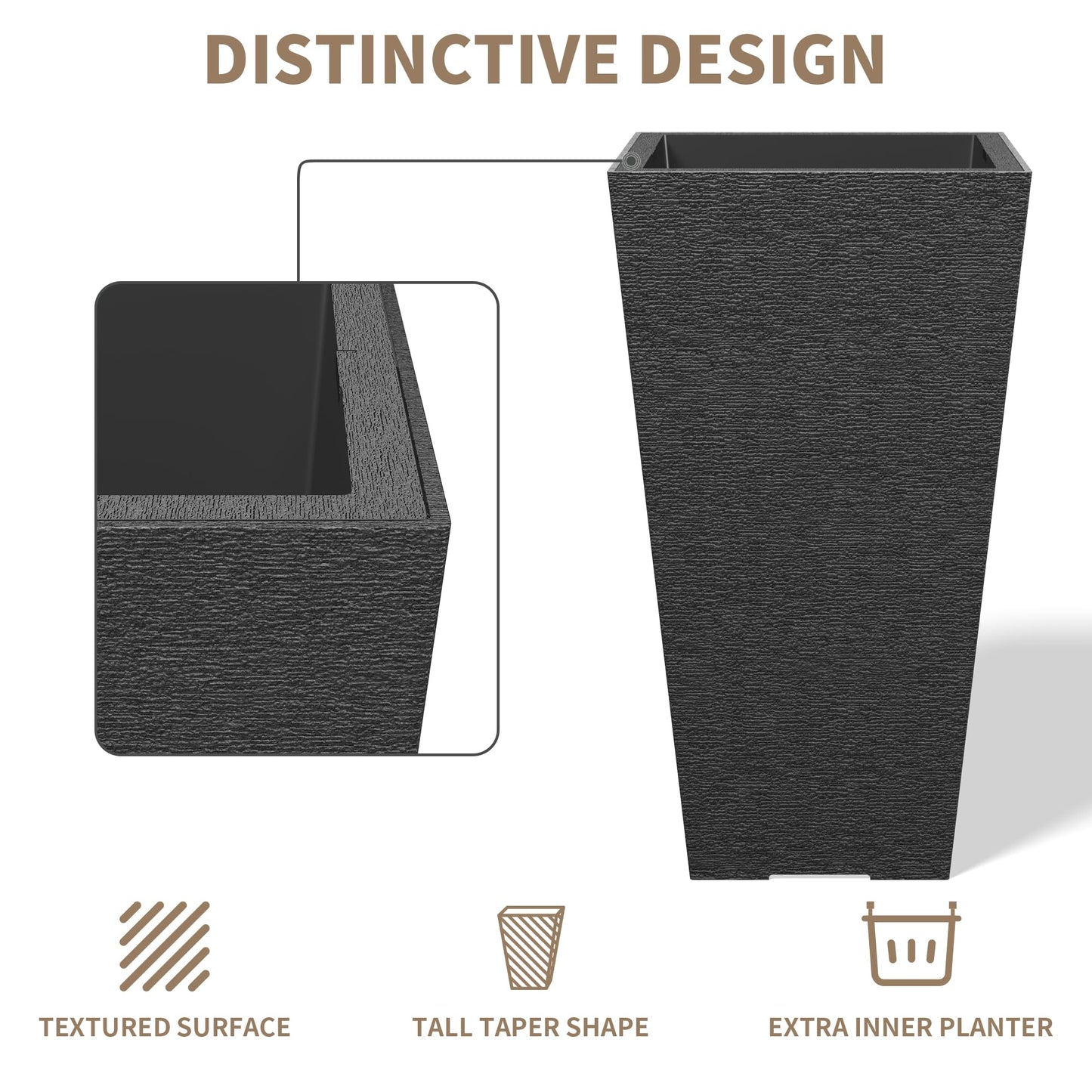 Kante 22 Inch Tall Planter Set of 2, Large Taper Planter for Outdoor Indoor Garden Patio Front Door (Black)