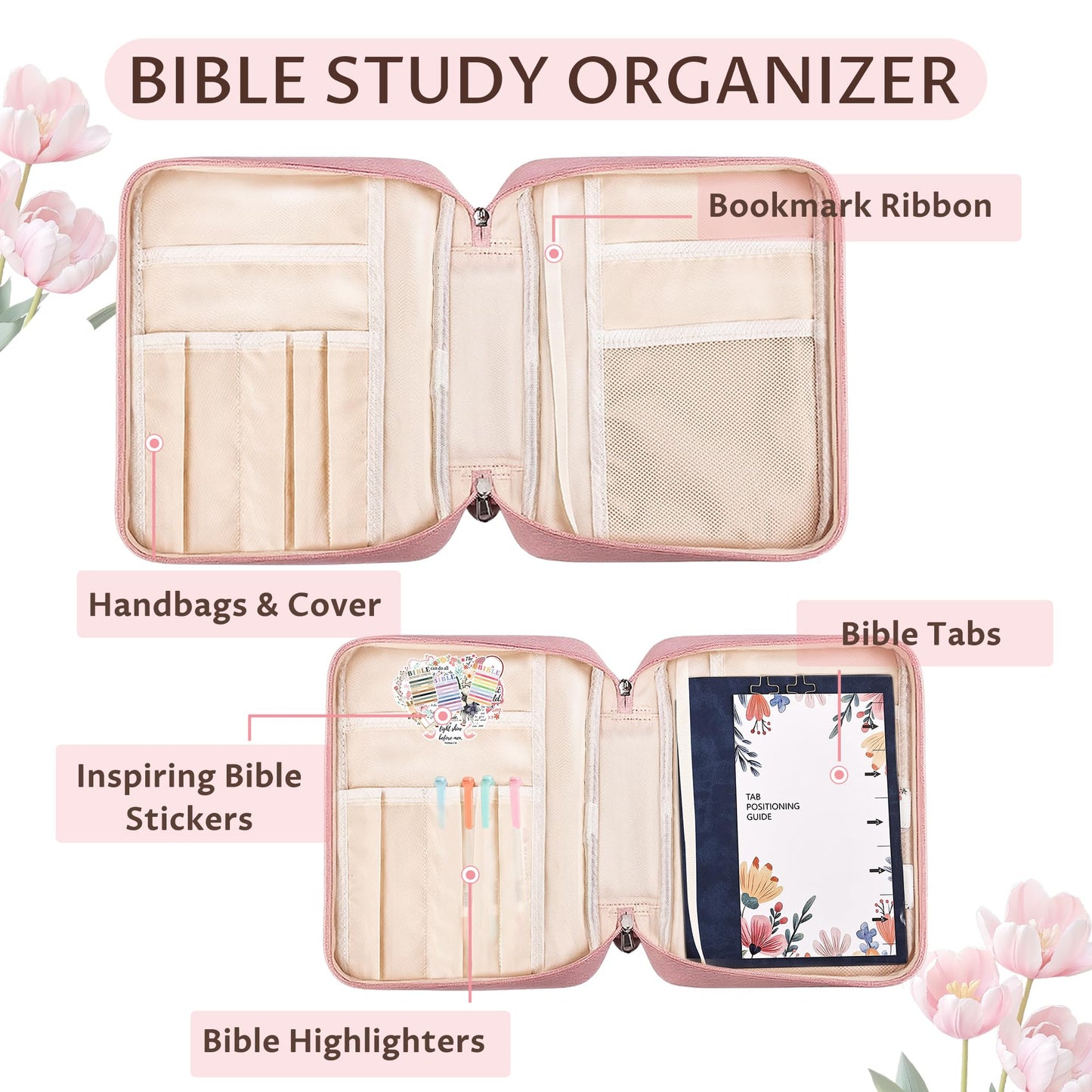 WOBAGMEN Bible Cover for Women,Pink PU Leather Personalized Bible Case with Bible Study Supplies,Including Tabs and Highlighter Set, Faith Chiristain Gift for Women Girls (Pink, G)