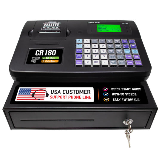 Nadex CR180 Electronic Cash Register, Steel Cash Drawer, Compact Design, Black