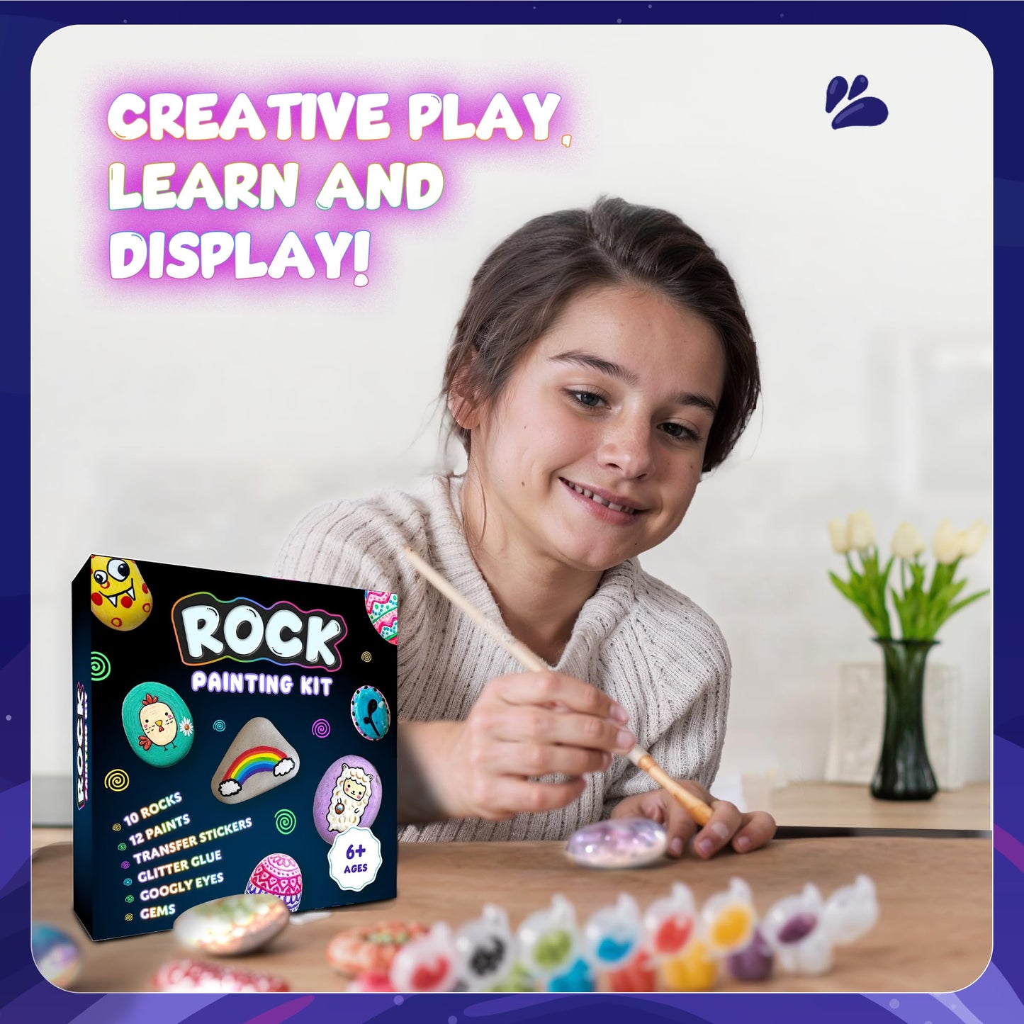 Rock Painting Kit for Kids 6-12 - 90+ Pcs Arts and Crafts Kit for Kids Painting - 10 White Rocks, 12 Paint Colors, Glitter Glue, Googly Eyes & More - Rock Art Supplies- DIY Arts & Crafts Easter Gifts