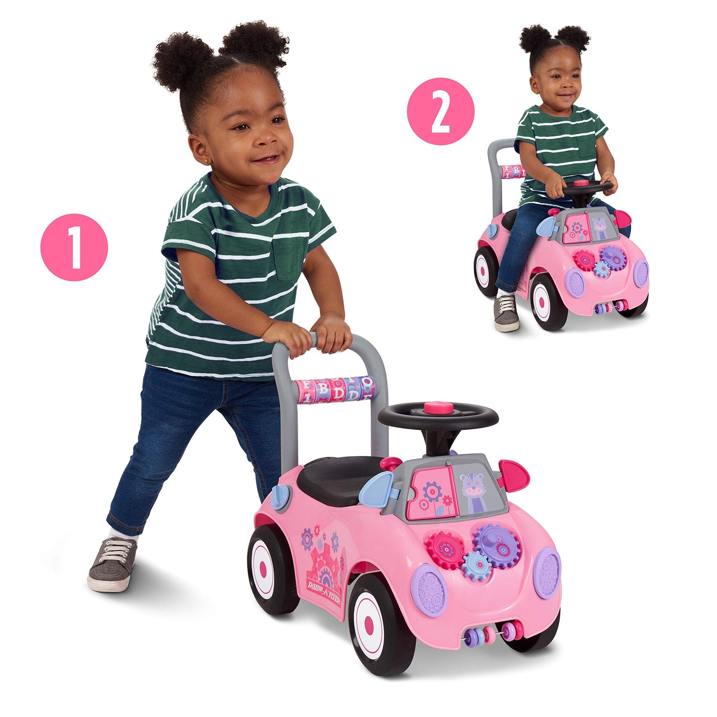 Radio Flyer Creativity Car, for Toddlers 1-3, 3-in-1 Push Walker Ride On Rocket with 17 Sensory Activities, Anti-Tip Feature, Under-Seat Storage, Horn and Gears, 42 lb Capacity, Toddler Ride On Toys