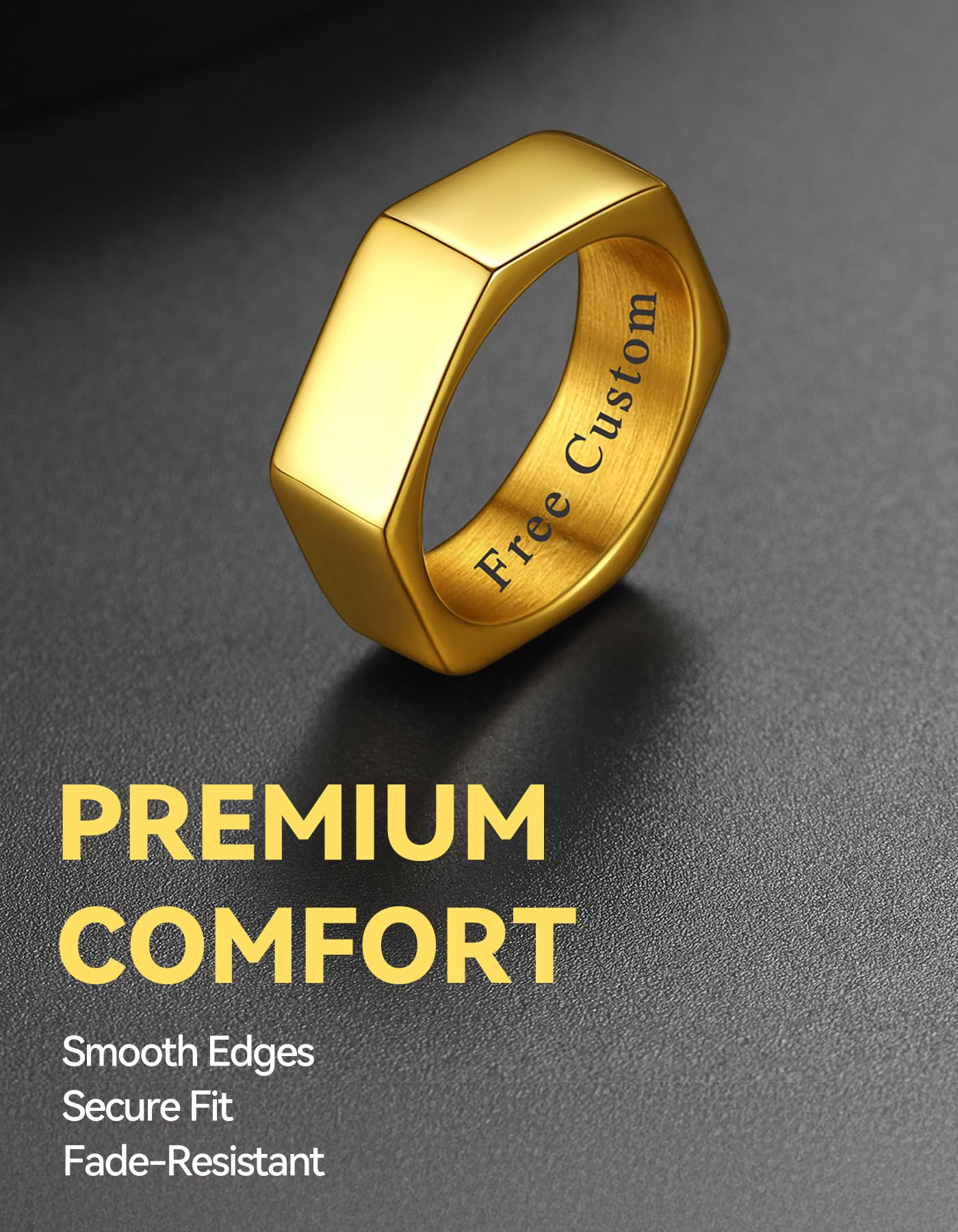 ChainsHouse Personalize Simple Band Rings 18K Gold Plated Geometric Hexagon Biker Ring for Men Women, Size 7