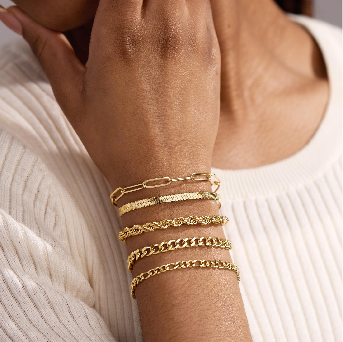 Gold Bracelets for Women 14K Gold Plated Stainless Steel Waterproof Non Tarnish, Dainty Stackable Bracelet Set for Women, 5 Pcs Layered Figaro Paperclip Herringbone Rope Cuban Chain Jewelry Birthday Gifts
