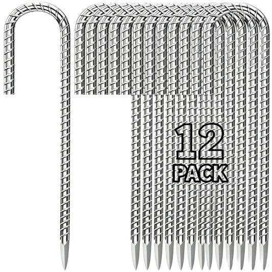 Homwin 12 inches Tent Stakes Heavy Duty 12-Pack, 5/16" Diameter J Hook Fence Stakes Rebar Ground Stake for Inflatables, Tarp, Yard Lawn Outdoor Decoration