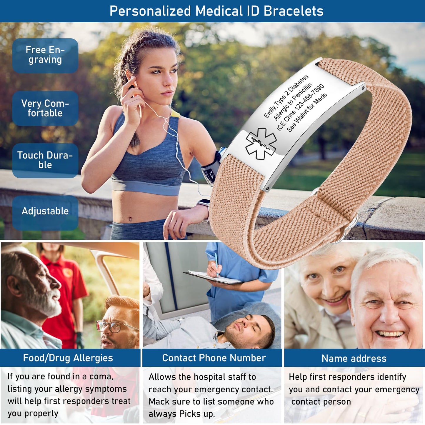 VNOX Medical Alert Bracelets for Men & Women with Free Engraving Adjustable Stainless Steel Mesh Emergency Medical ID Bracelets Wristband