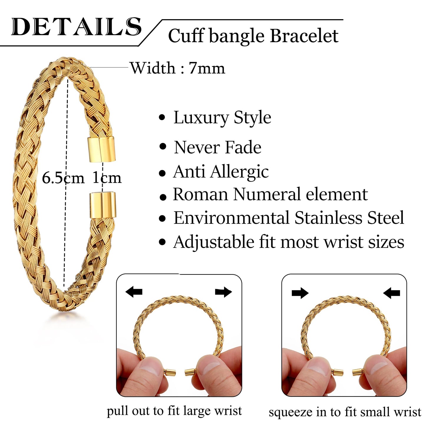 WFYOU 3PCS Stainless Steel Bracelets for Men Gold Roman Numeral Bangle Bracelet Twisted Cable Bracelet Adjustable Cuff Bracelet Mens Luxury Jewelry Bracelets Gifts(F:Gold)