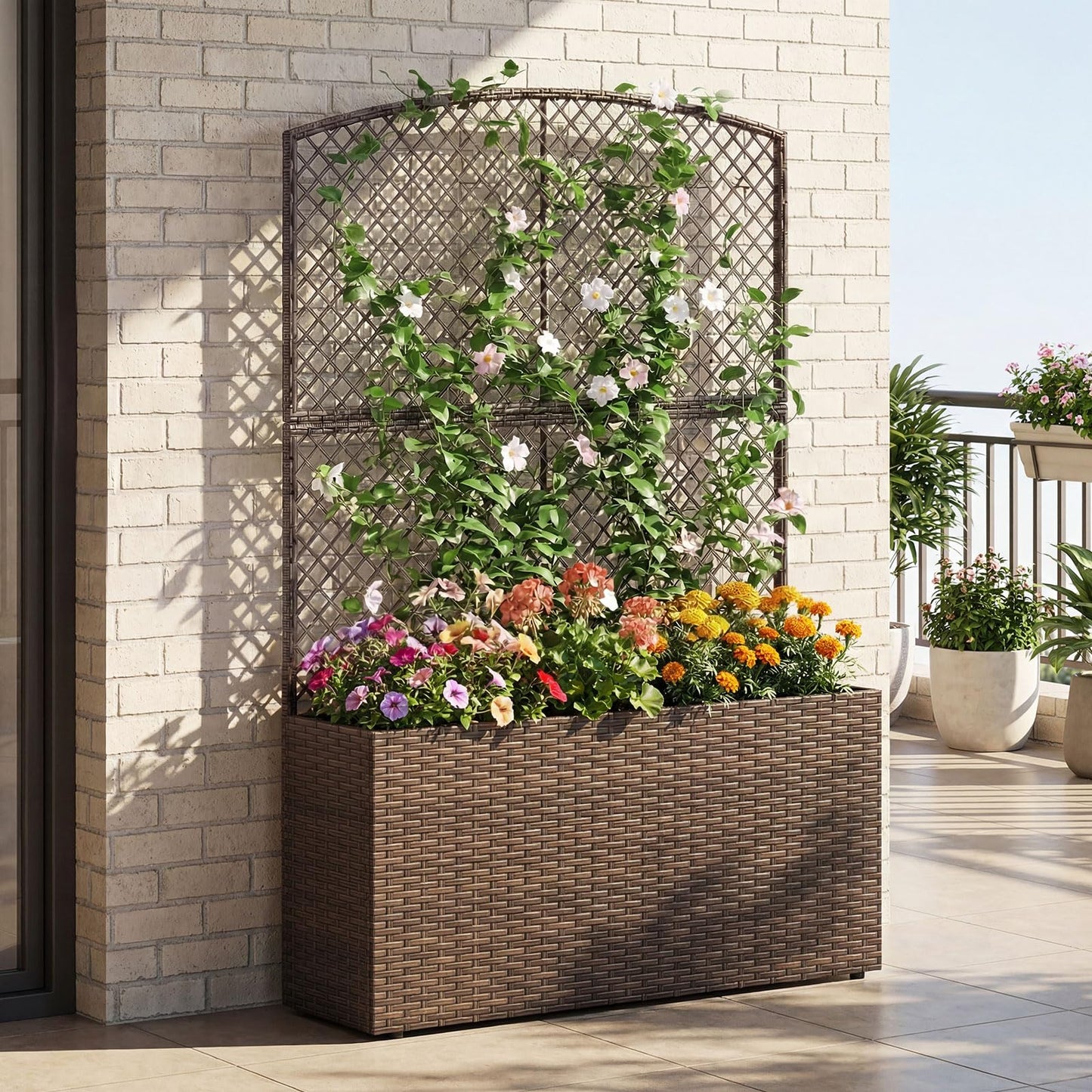 Happygrill Raised Garden Bed with Trellis, 58" Wicker Planter Box with Privacy Screen, Liner, Drainage for Patio Balcony, Outdoor PE Rattan Elevated Garden Bed for Climbing Plant Vine Flower (Brown,1)