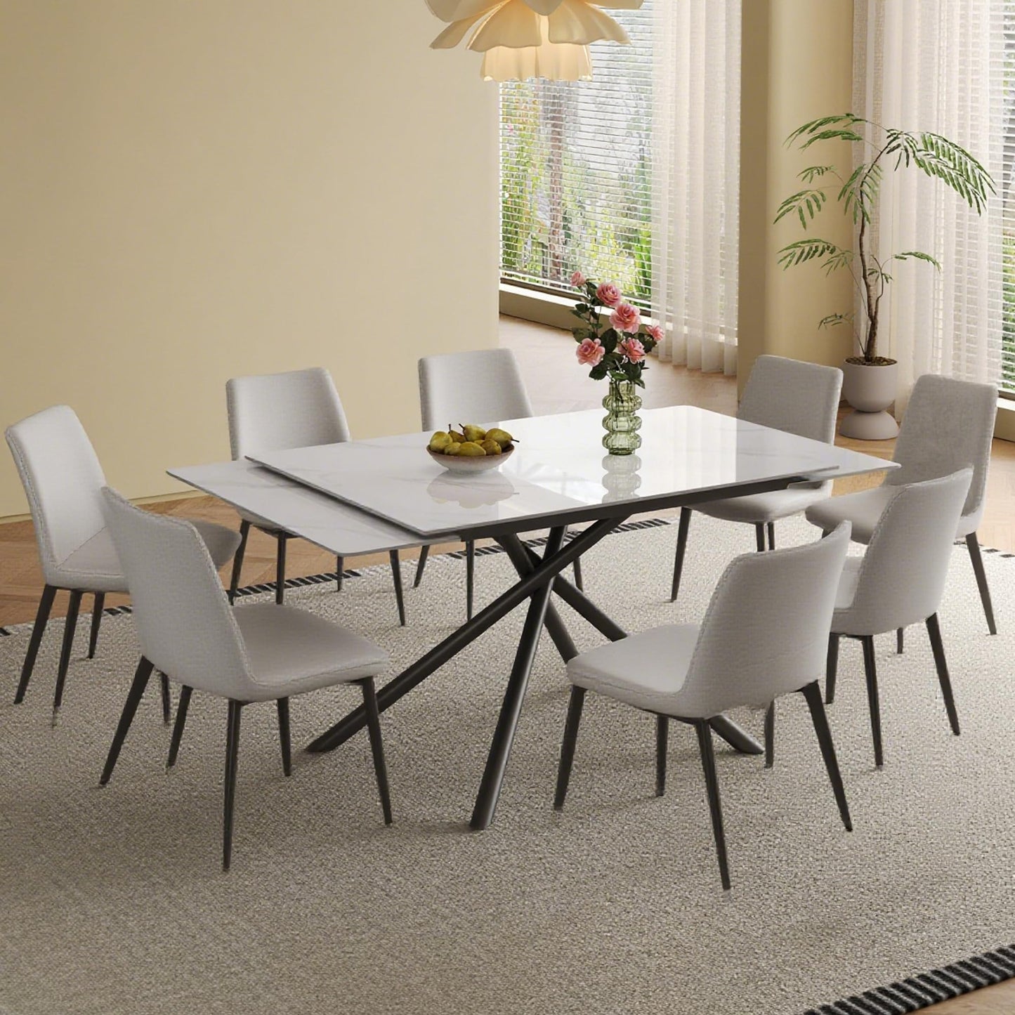 Runboll Extendable Rectangular Dining Table Set for 8, 47"-71" Modern Sintered Stone Kitchen Table with 8 Chairs and Carbon Steel Legs for Dining Room Family Gathering