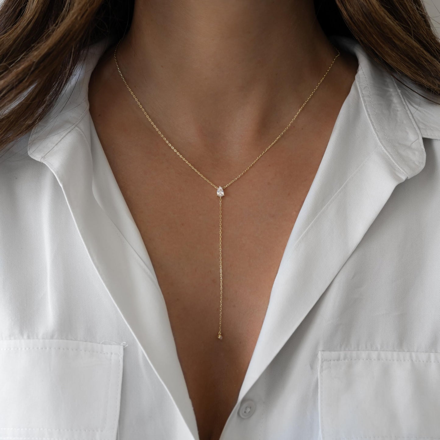 Fglqfam Lariat Necklace for Women, Dainty Gold Long Necklaces, 14k Gold/Silver Plated Y-Shaped Drop Chain Necklace, Simple Layered Necklaces, Trendy Jewelry Gifts for Her (Single CZ Y Necklace-Gold)