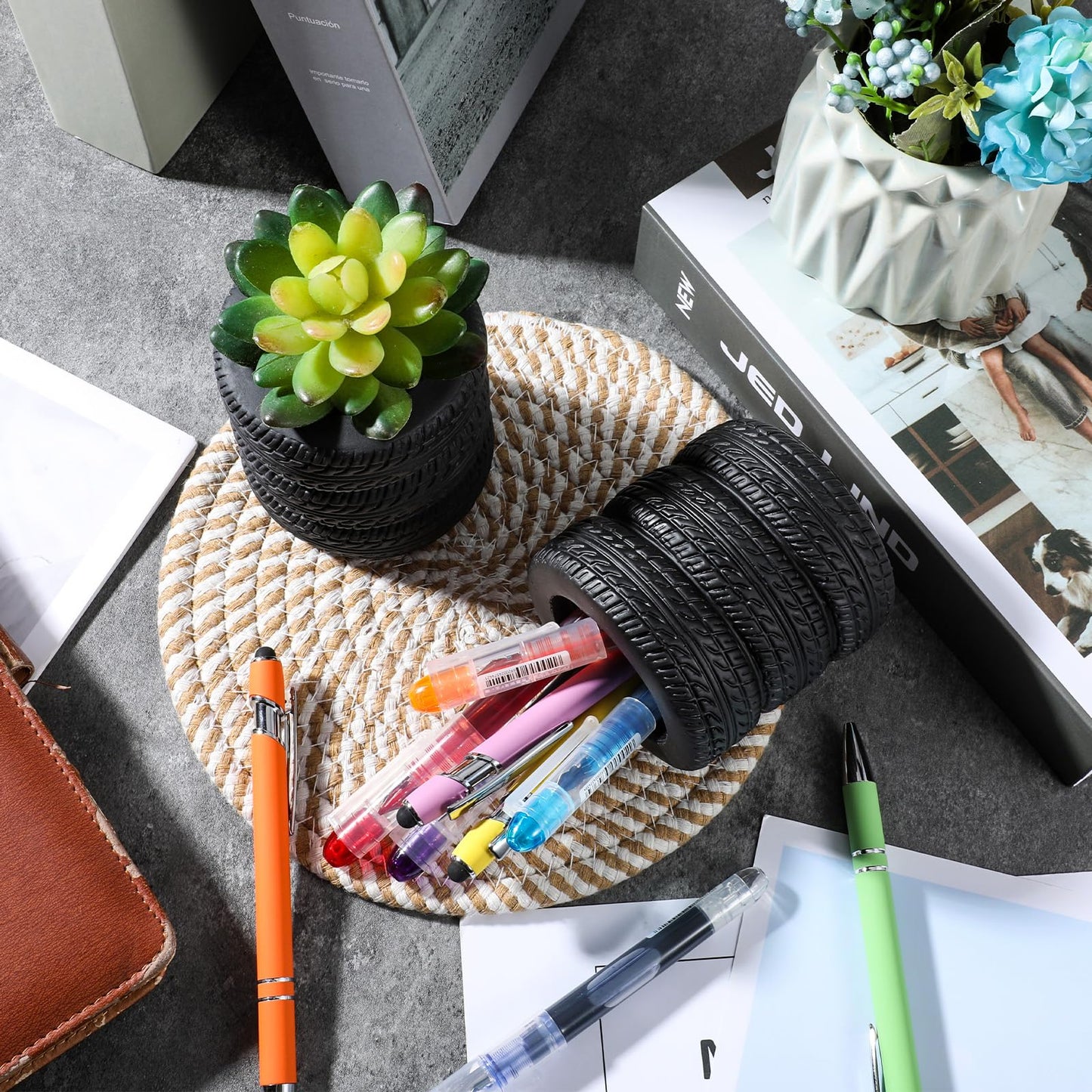mekueeex 8 Pcs Tire Shaped Pen Holder Car Tire Planter Holder for Men Mechanic Gift Desk Office Home School Accessories Decor Christmas Novelty Funny Supplies Cactus Succulent Planter Pot