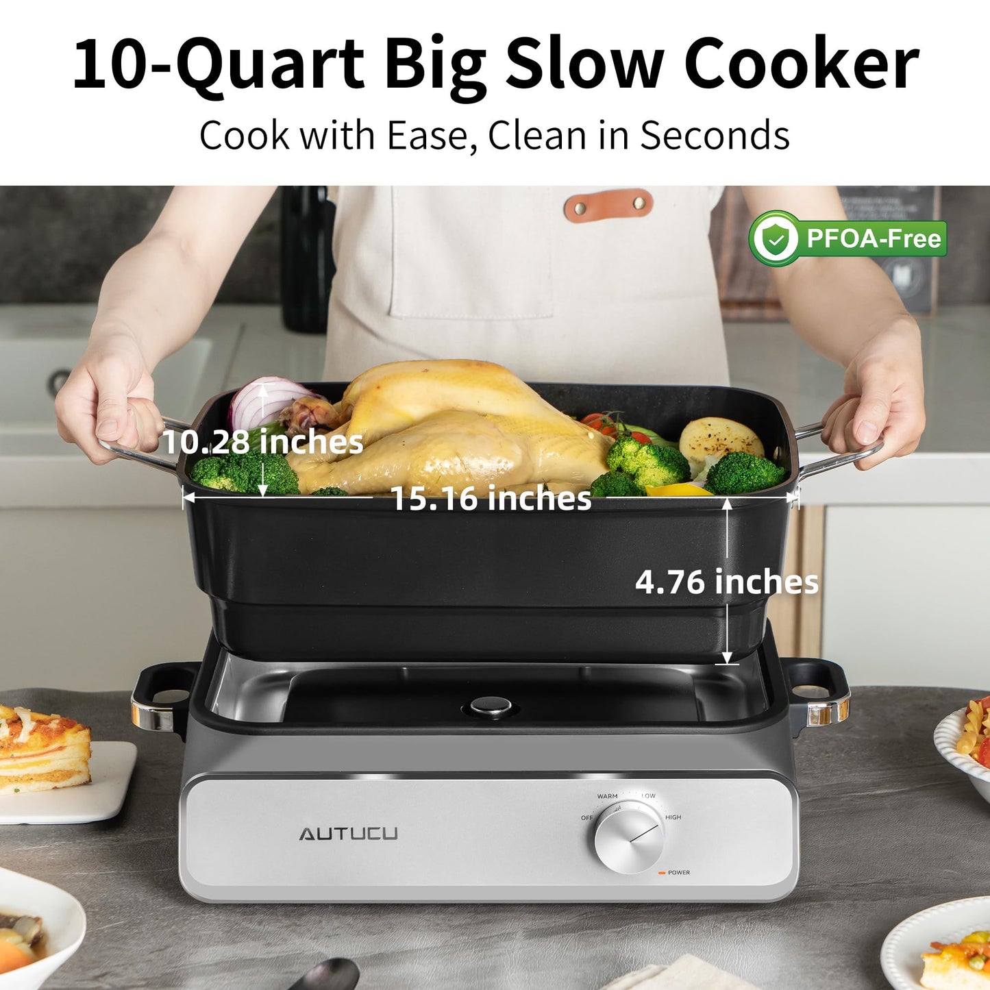 Slow Cooker 10-Quart - PFOA-Free Ceramic Coating, Oven Safe to 450°F | Keep Warm Function for Large Family Gatherings (Includes Silicone Spoon)
