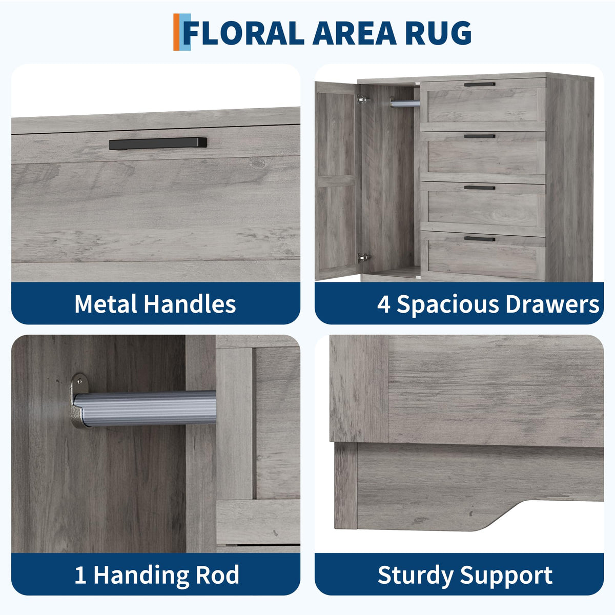 GarveeHome Wood Armoire Wardrobe Closet with 4 Drawers and Door, 43.3 in H Bedroom Wardrobe Cabinet with Hanging Rod, Clothing Storage Cabinets, 4 Drawers Dresser with Storage Closet, Gray